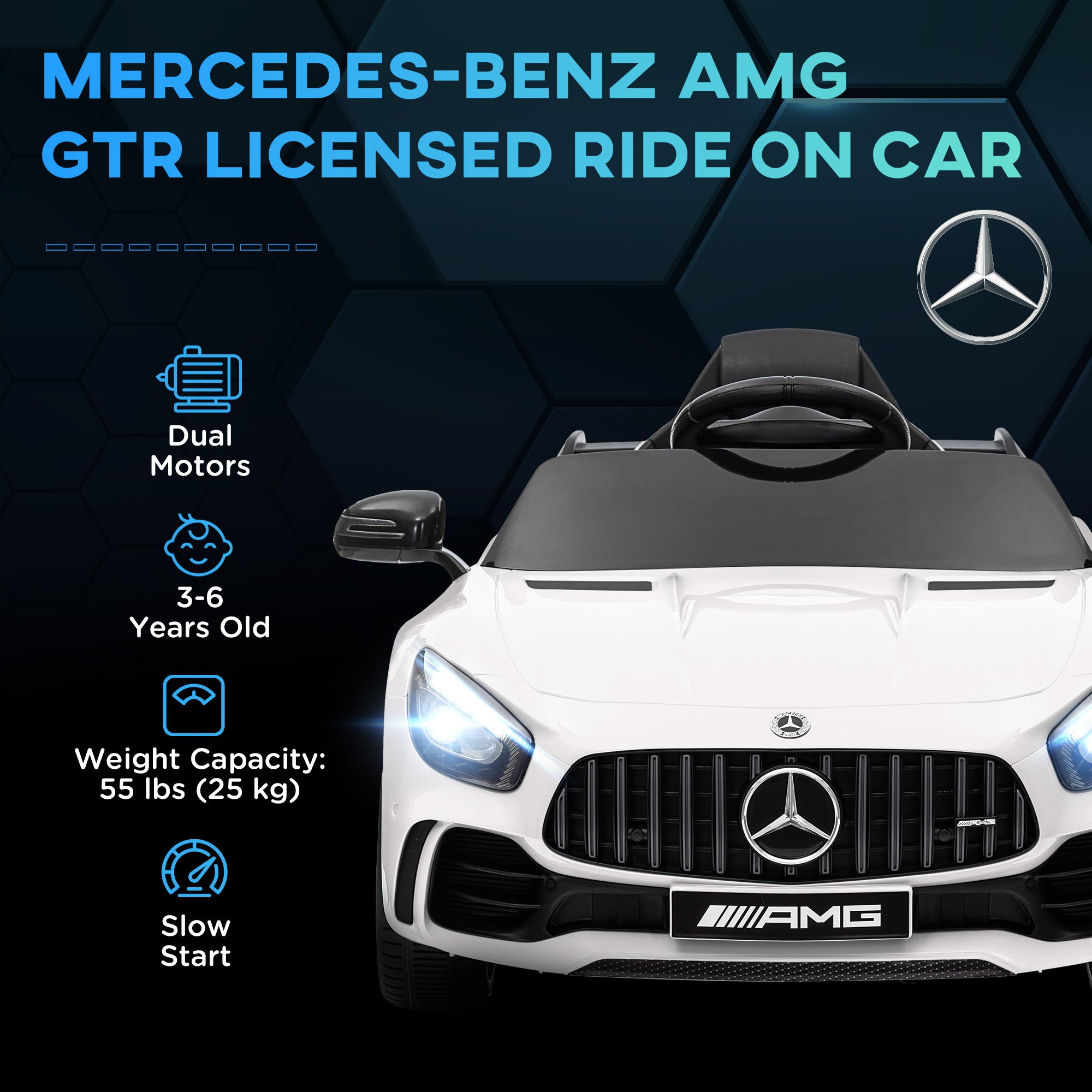 AMG GTR Licensed 12V Battery Powered Kids Electric Car w/ Remote Control & Soft Start, White