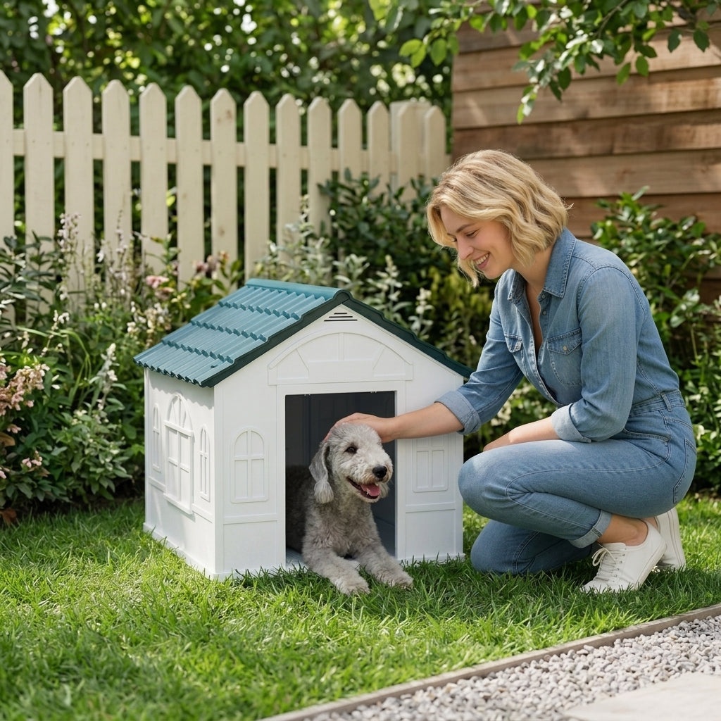 Plastic Dog House for Medium and Small Dogs, Water Resistant Puppy Shelter Indoor Outdoor with Door, Easy to Assemble, Blue