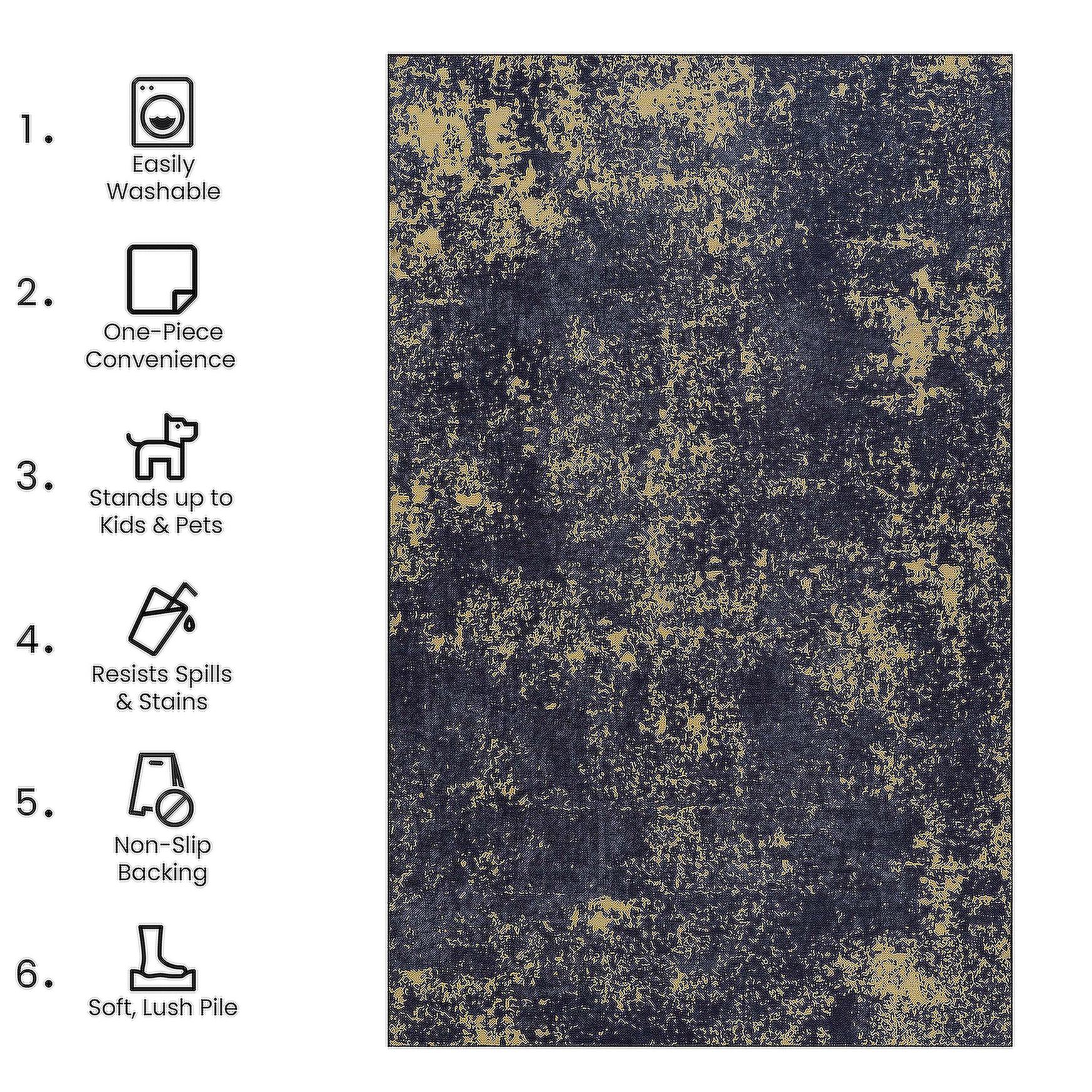 6x9 Non-Slip Machine Washable Area Rug with Low-Pile, Non-Shedding Kid and Pet Friendly Carpet, 72" L x 108" W x 0.15" H, Black+Gold