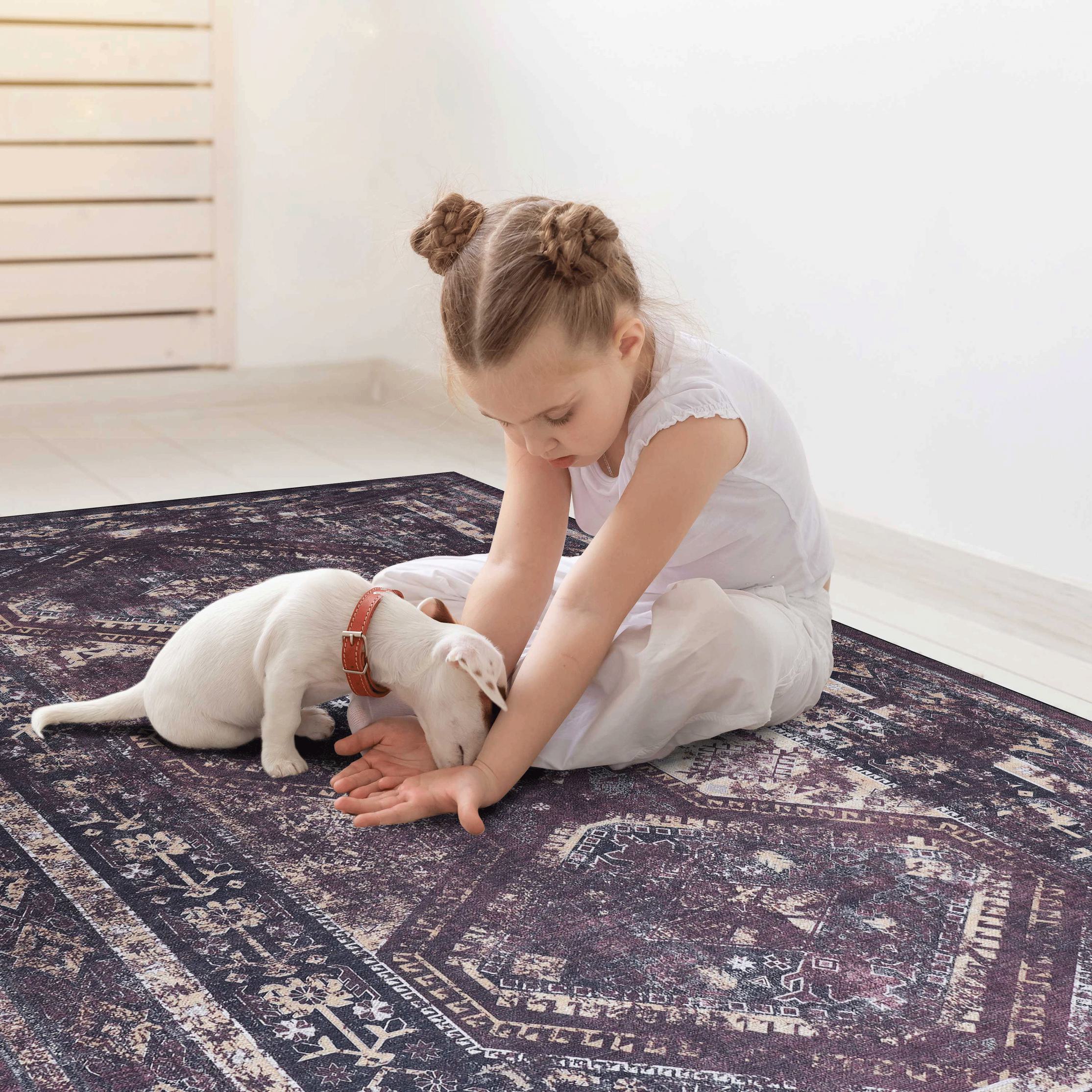 3x5 Washable Low-Pile Non-Slip Non-Shedding Area Rug, Kid and Pet Friendly, Foldable for Living Room, Bedroom, Dining Room, Black+Burgundy