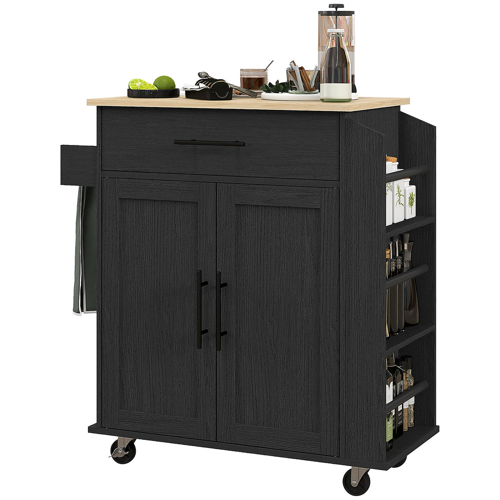 Rolling Island with Wheels for Kitchen, Kitchen Island on Rollers with Power Outlets, Drawer, and Doors, Black