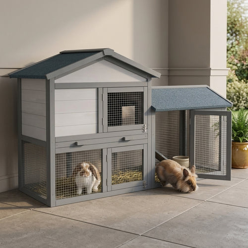 58" Large Rabbit Hutch Outdoor Indoor, Wooden Bunny Hutch, Guinea Pig Cage with Run, Removable Tray, Asphalt Roof, Lockable Doors and Ramp, for 1-2 Small Rabbits, Chickens, Ducks, Dark Gray