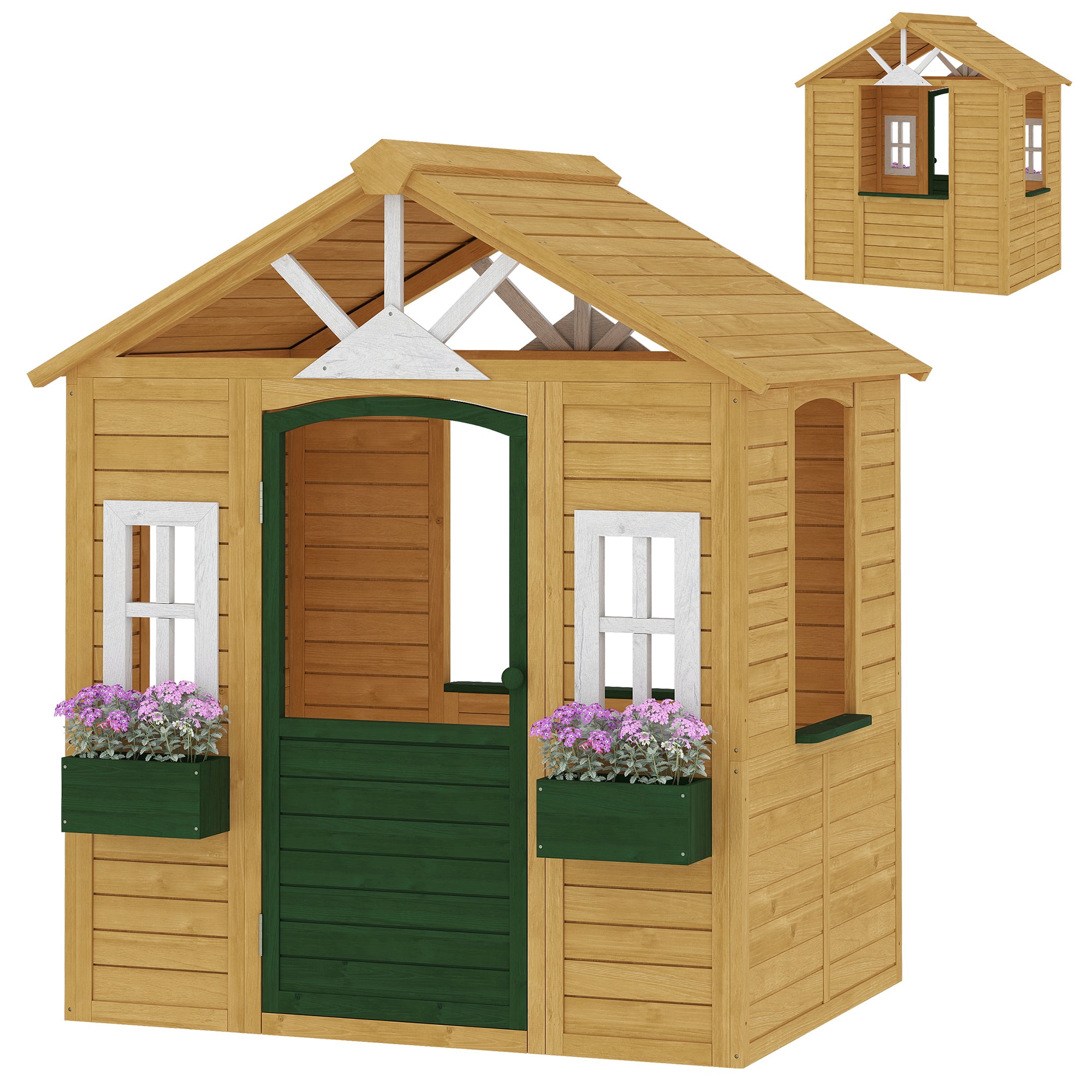 Outdoor Playhouse, Wooden Kids Playhouse with Door, 3 Windows, 2 Flower Boxes for Garden, Indoor Playroom, Ages 3–8