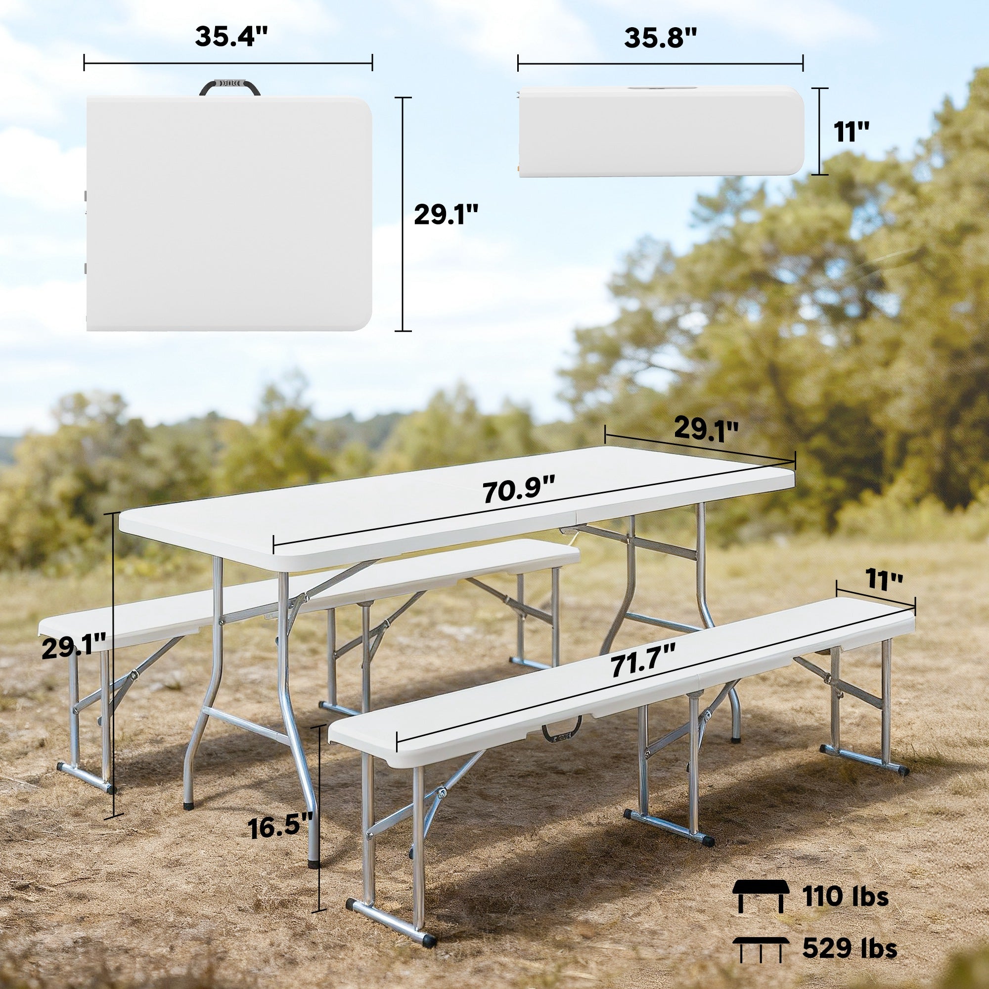 6FT 3 PCS Portable Camping Table and Chairs, Folding Picnic Table Bench Set with Carrying Handles for BBQ, Party, White