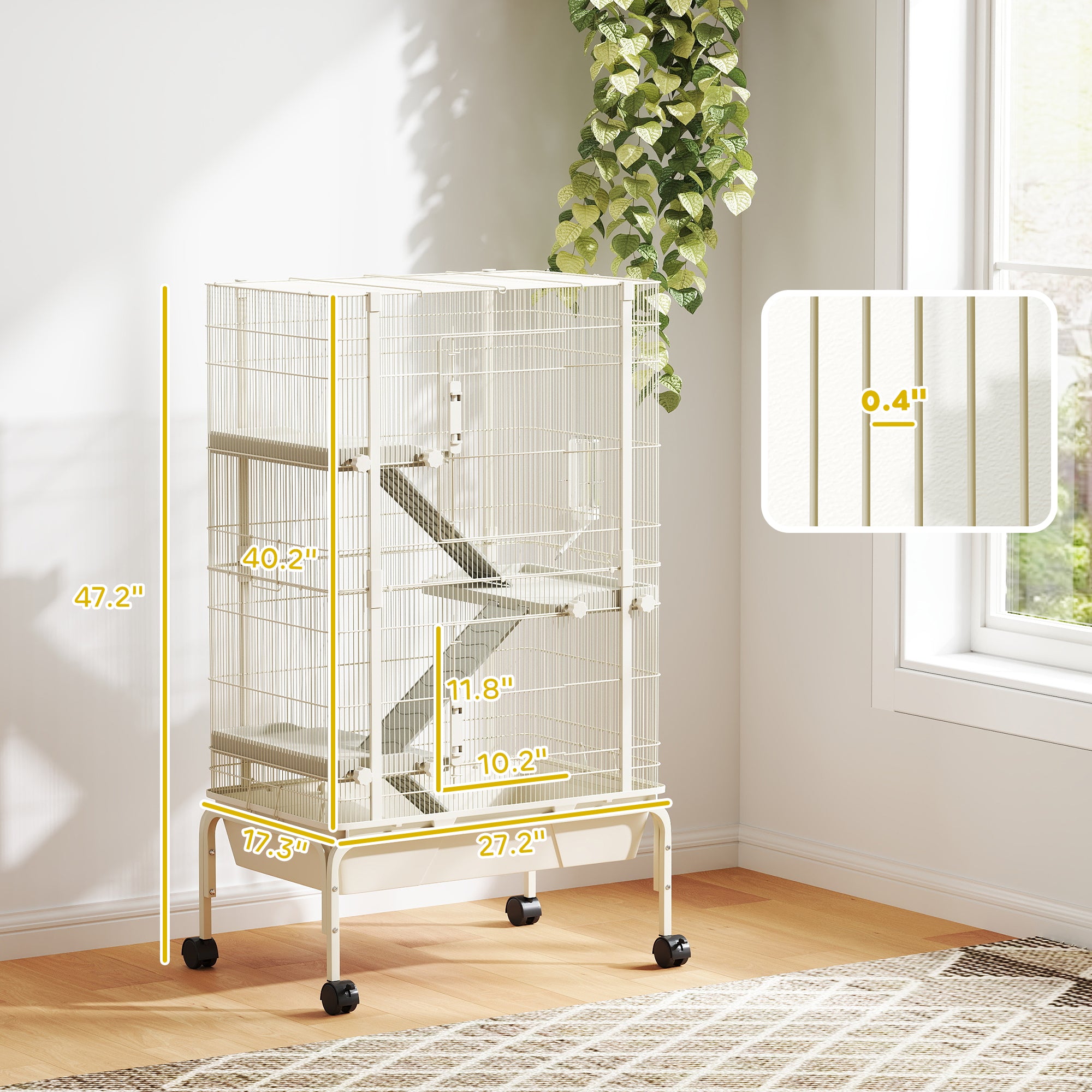 47" Small Animal Cage, 4 Levels Large Rolling Metal Ferret Cage w/ 5.9" Deep Tray, Ramps, Water Bottle, Food Dish, Beige