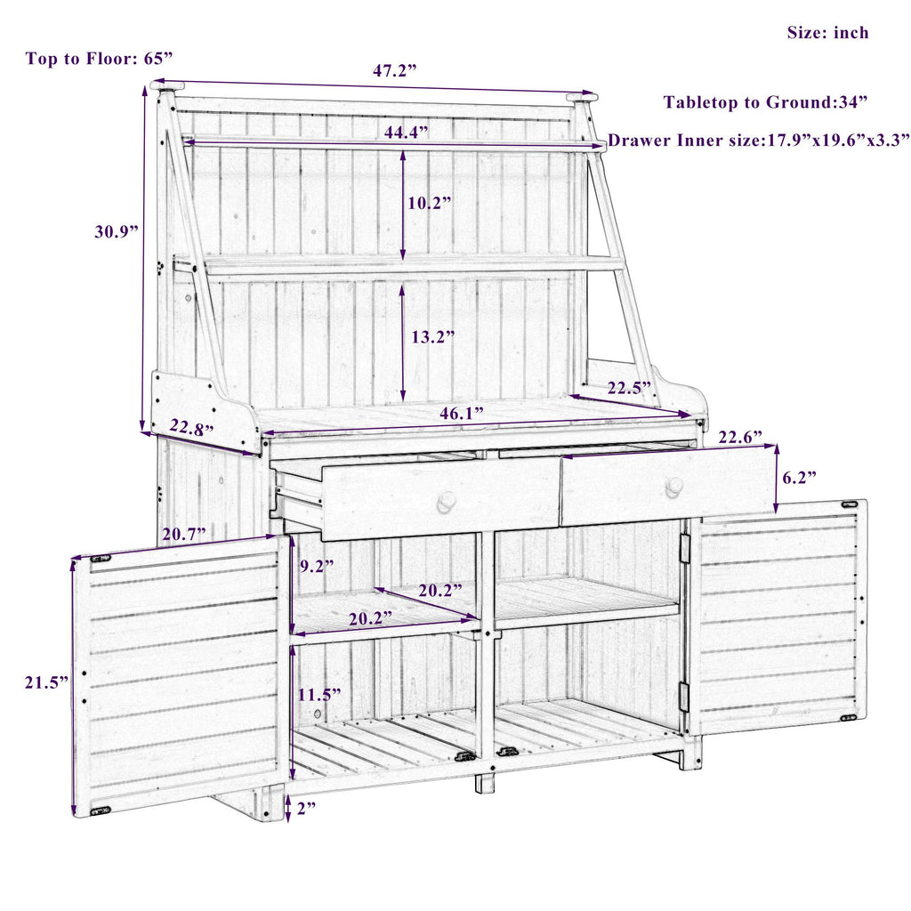 Fir Wood Potting Bench with Drawer & Cabinet for Garden, Outdoor Garden Workstation with Three-Tier Shelf, 47'' L x 23'' W x 65'' H, Gray