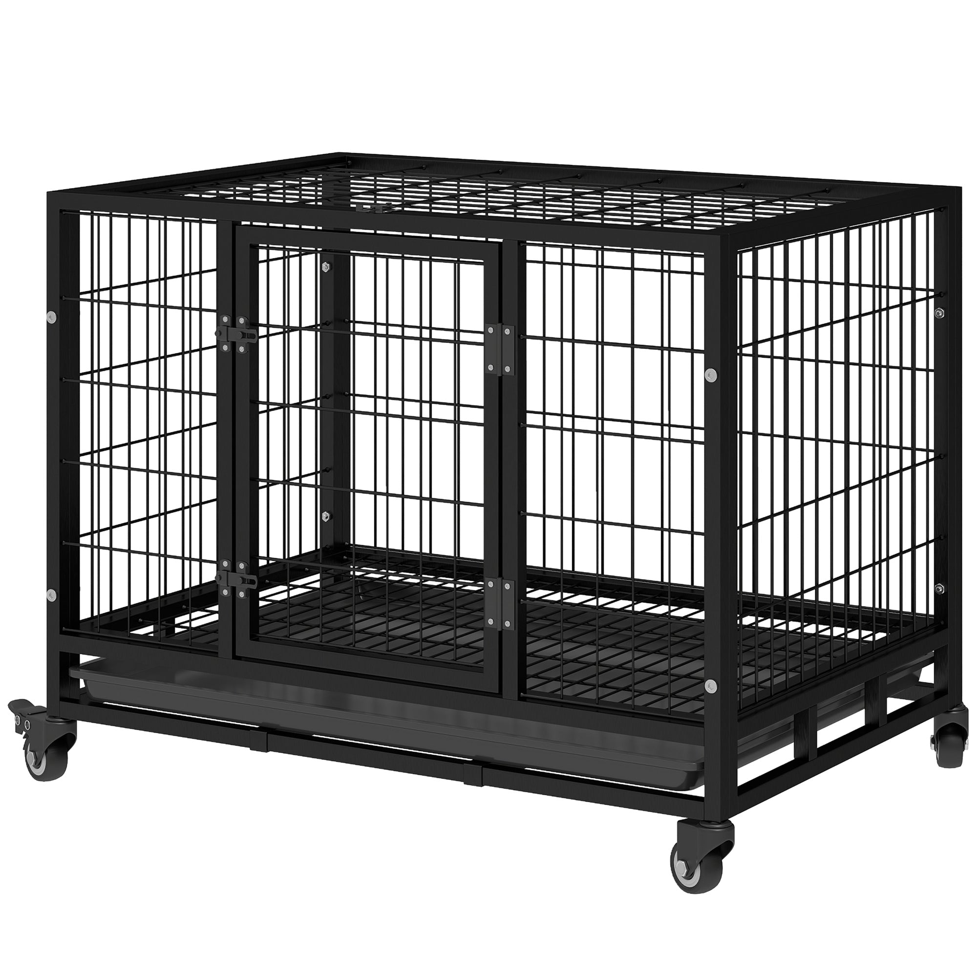 36" Heavy Duty Dog Crate with Removable Tray, Lockable Wheels and Double Door, for Medium and Large Dogs, Black