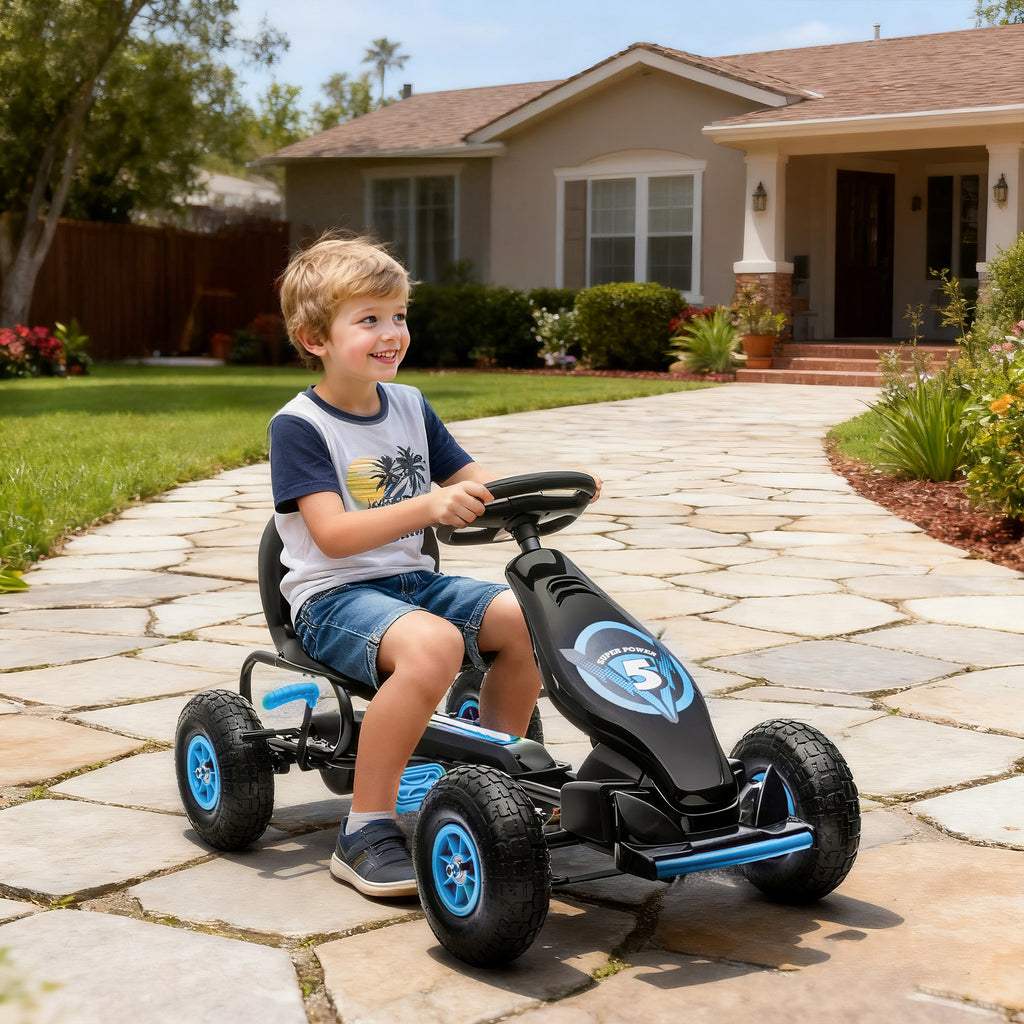 Kids Pedal Go Kart Ride-on Toy with Ergonomic Comfort, Pedal Car with Tough, Wear-Resistant Tread, Go Cart Kids Car for Boys & Girls with Suspension System, Safety Hand Brake, Ages 5-12, Blue