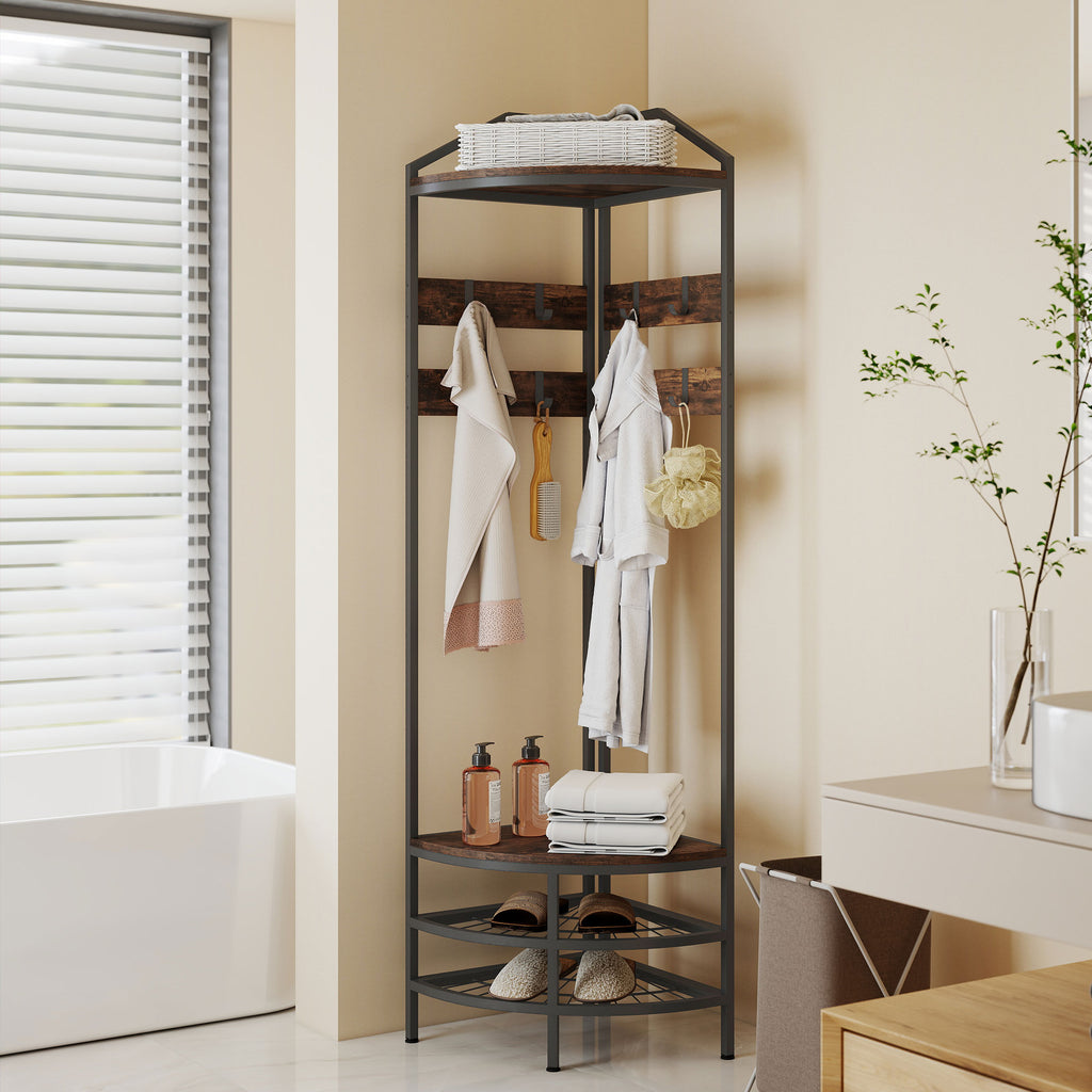 Corner Hall Tree, Industrial 4-Tier Coat Rack with Shoe Storage, 8 Movable Hooks and 2 Shelves for Hallway, Rustic Brown