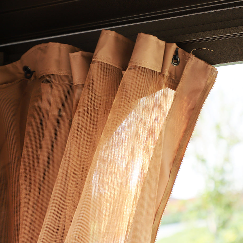 10' x 13' Hardtop Gazebo with Curtains, Netting, Pavilion with Steel Roof Ceiling Hook for Garden Patio, Brown