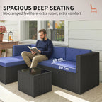 3 Piece Patio Furniture Set, Wicker Outdoor Patio Conversation Furniture Set with Cushions, Glass Top Table, Navy Blue