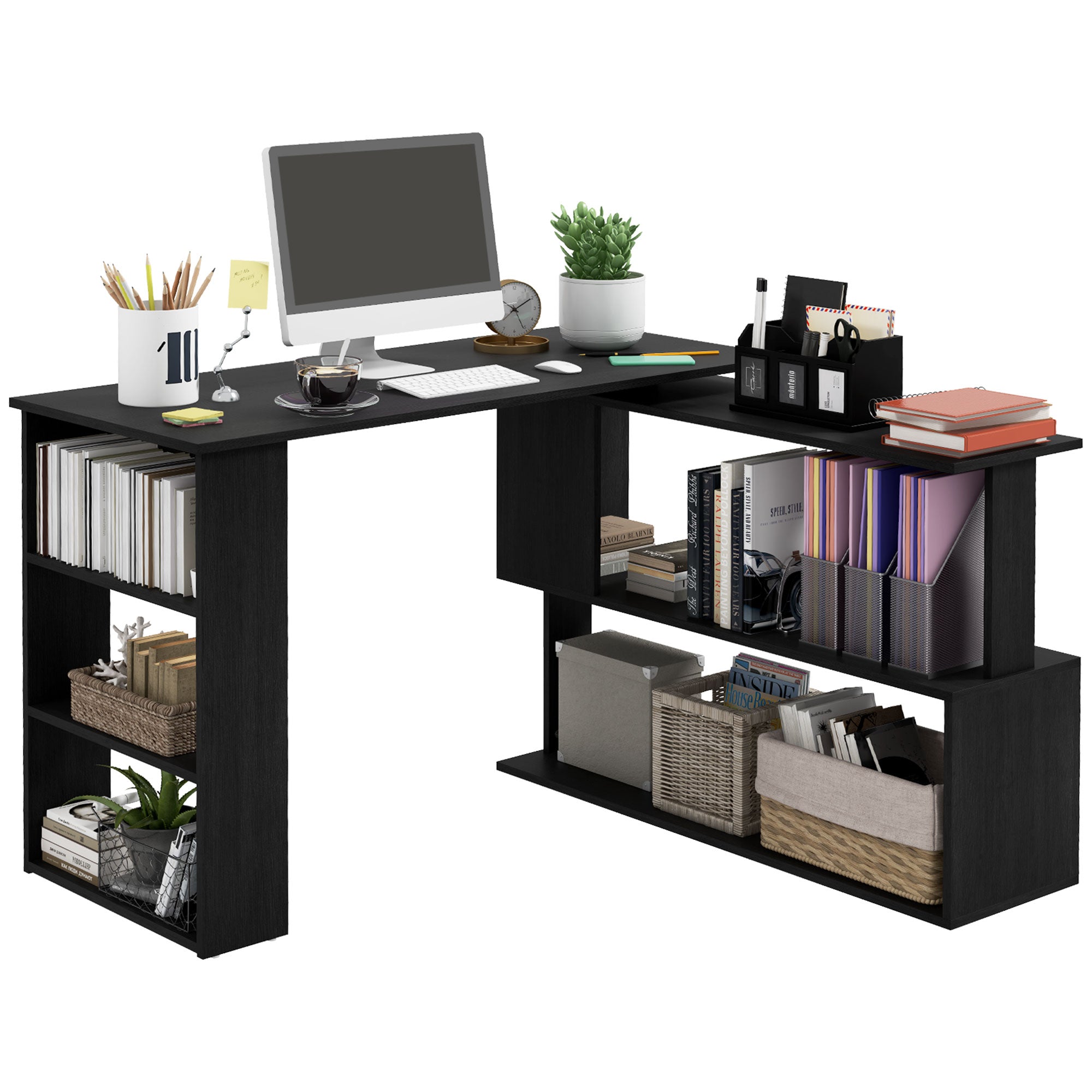 L Shaped Desk, Corner Computer Desk, 360 Degree Rotating Home Office Desk with Storage Shelves, Writing Table Workstation, Black