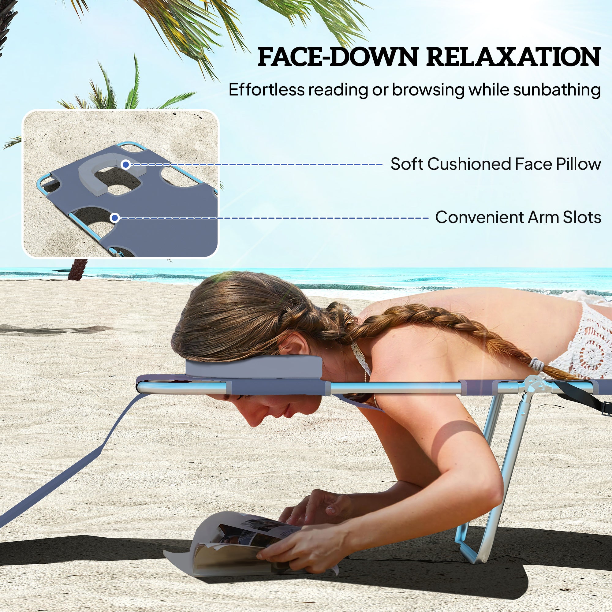 Tanning Chair with Face Hole, 5-Level Adjustable Outdoor Chaise Lounge Chair with Pillow for Beach, Pool, Gray
