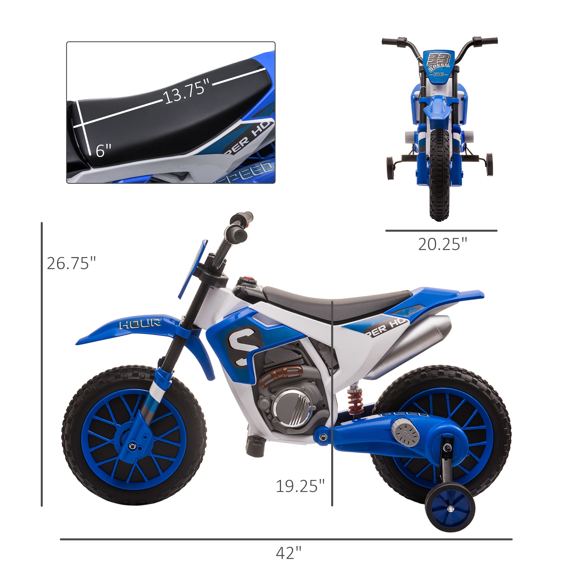 12V Kids Motorcycle w/ Treaded Tires, 5mph Top Speed Electric Bike for Kids, Ride On Motorcycle w/ Training Wheels, Battery Charger, Spring Suspension, Blue