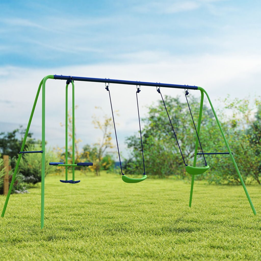 Metal Swing Set with Glider, Two Swing Seats and Adjustable Height, Outdoor Heavy Duty A-Frame Suitable for Playground, Backyard, Green