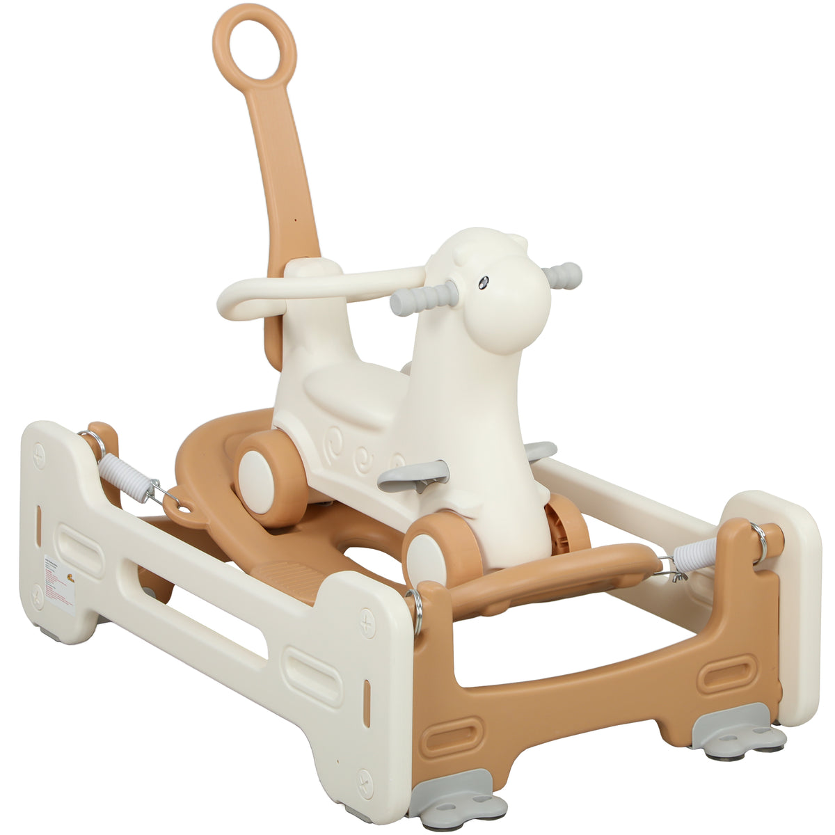 5 in 1 Kids Rocking Horse with Detachable Base, Safety Guardrails, Footrests, Push Handle for Ages 1-3, Brown
