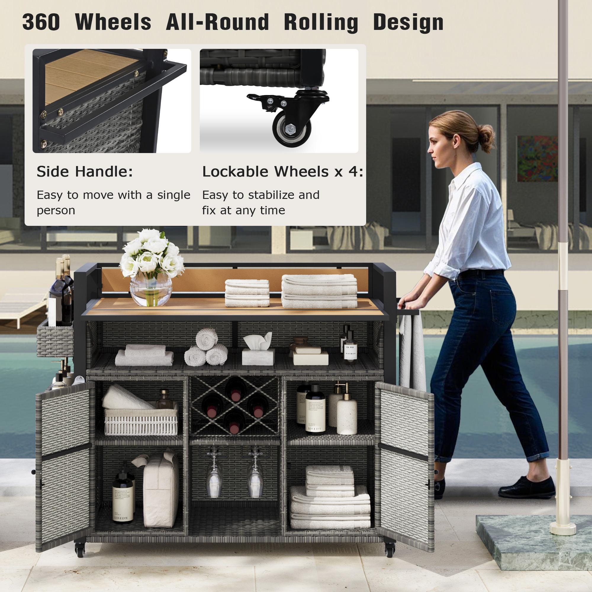 Outdoor Grill Cart with Extended Table Top, Rolling Kitchen Island on Wheels with Storage Cabinet, Double Handle, 53" L x 28.3" W x 41.5" H, Gray