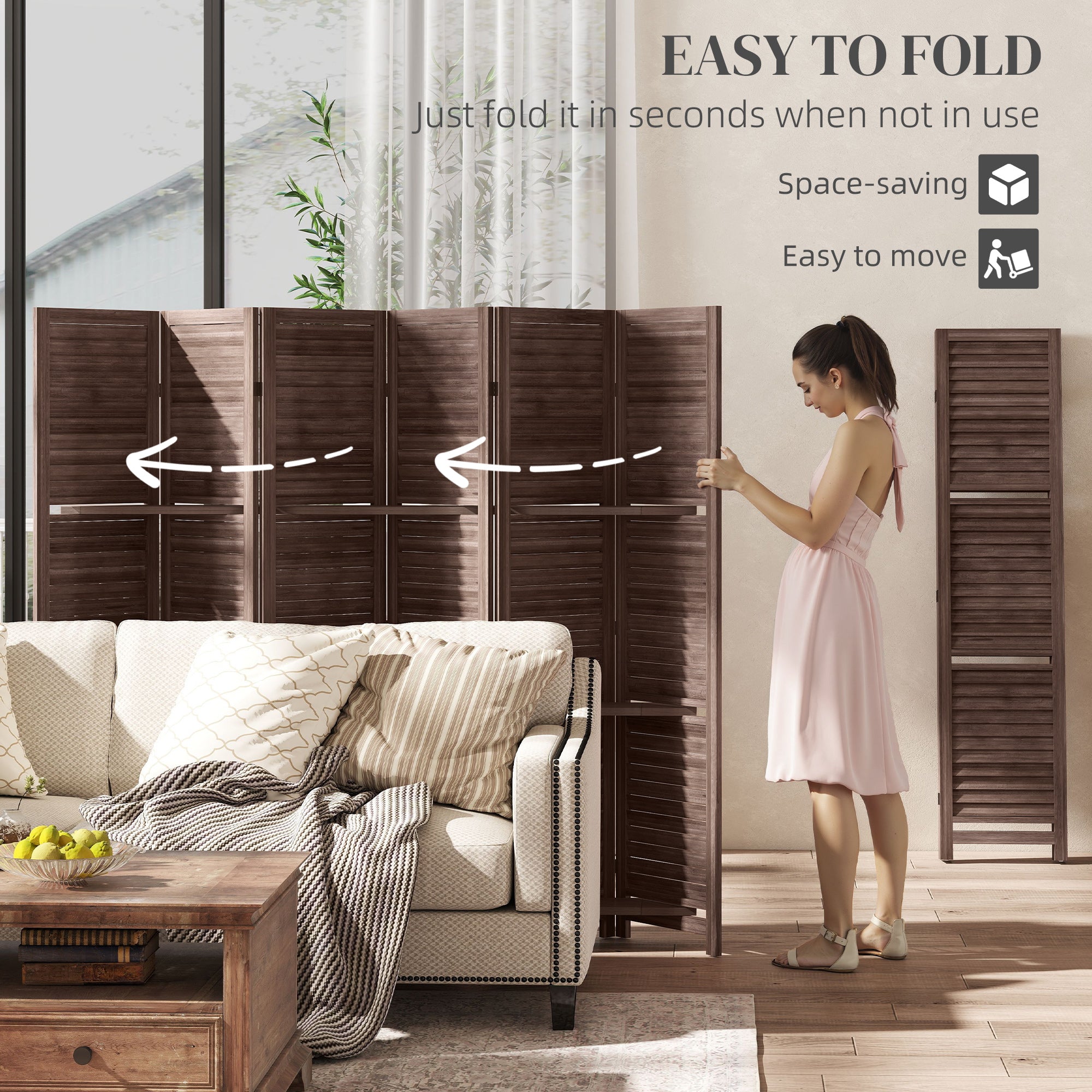 6 Panel 67" Tall Wood Privacy Screen Room Divider with 3 Shelves and Folding Storage for Bedroom, Walnut