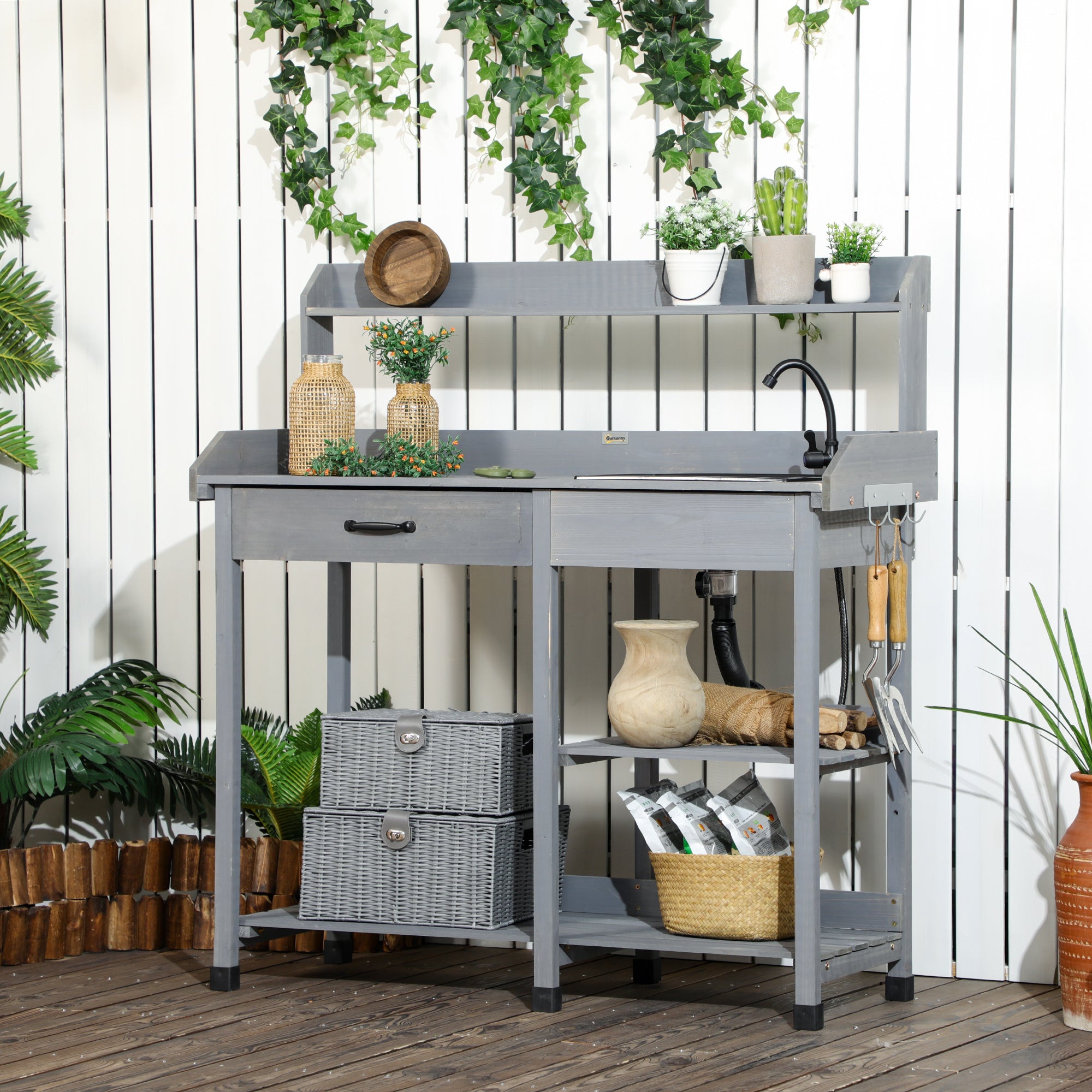 Potting Bench Table, Outdoor Garden Table Wooden Work Station with Removable Sink, Faucet, Drawer, Shelves, Hooks, Gray