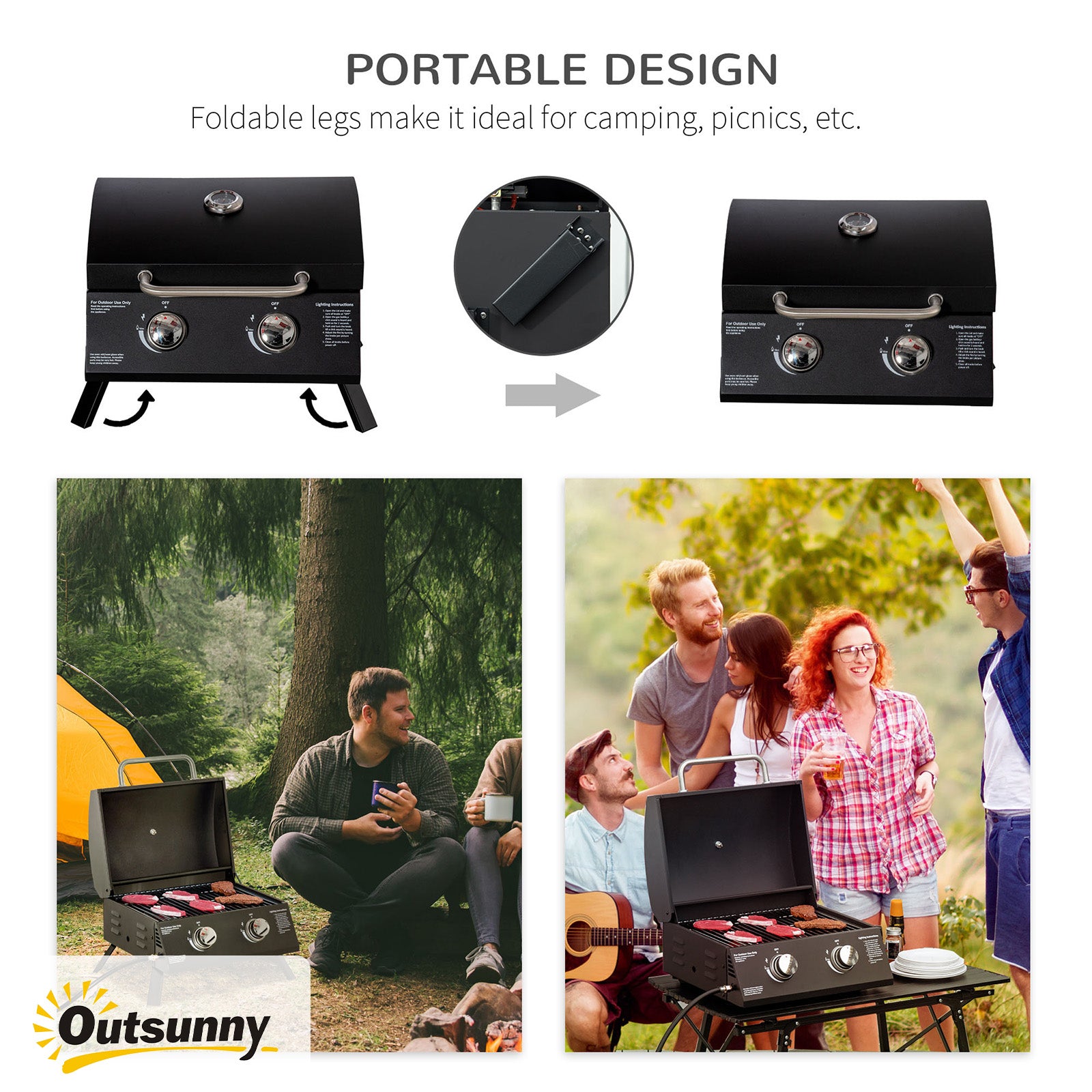 21.75" Charcoal BBQ, Portable Grill with 2 Burners, Heat-Resistant Handle, Folding Legs, Removable Ashtray, Thermometer, Carbon Steel, for Outdoor Cooking, Camping, Black