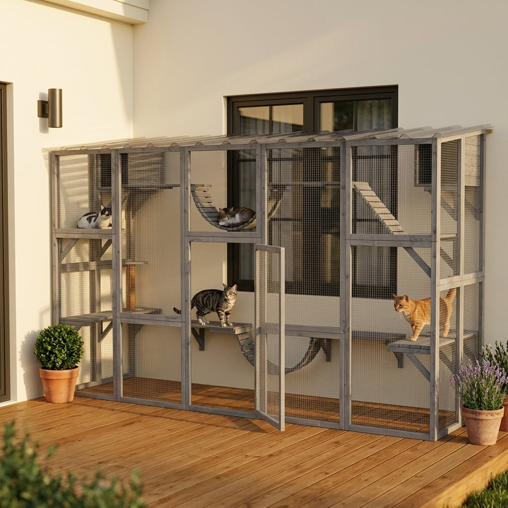 Catio Playground Cat Window Box Outside Enclosure for Multiple Cats w/ Shelves & Bridges, Gray