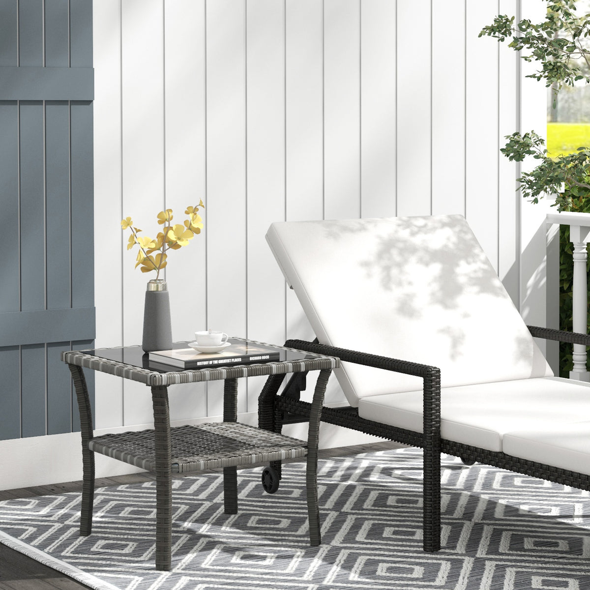 Rattan Side Table, Outdoor End Table with Storage Shelf, Aluminum Frame Square, Coffee Table with Tempered Glass Top, Mixed Gray