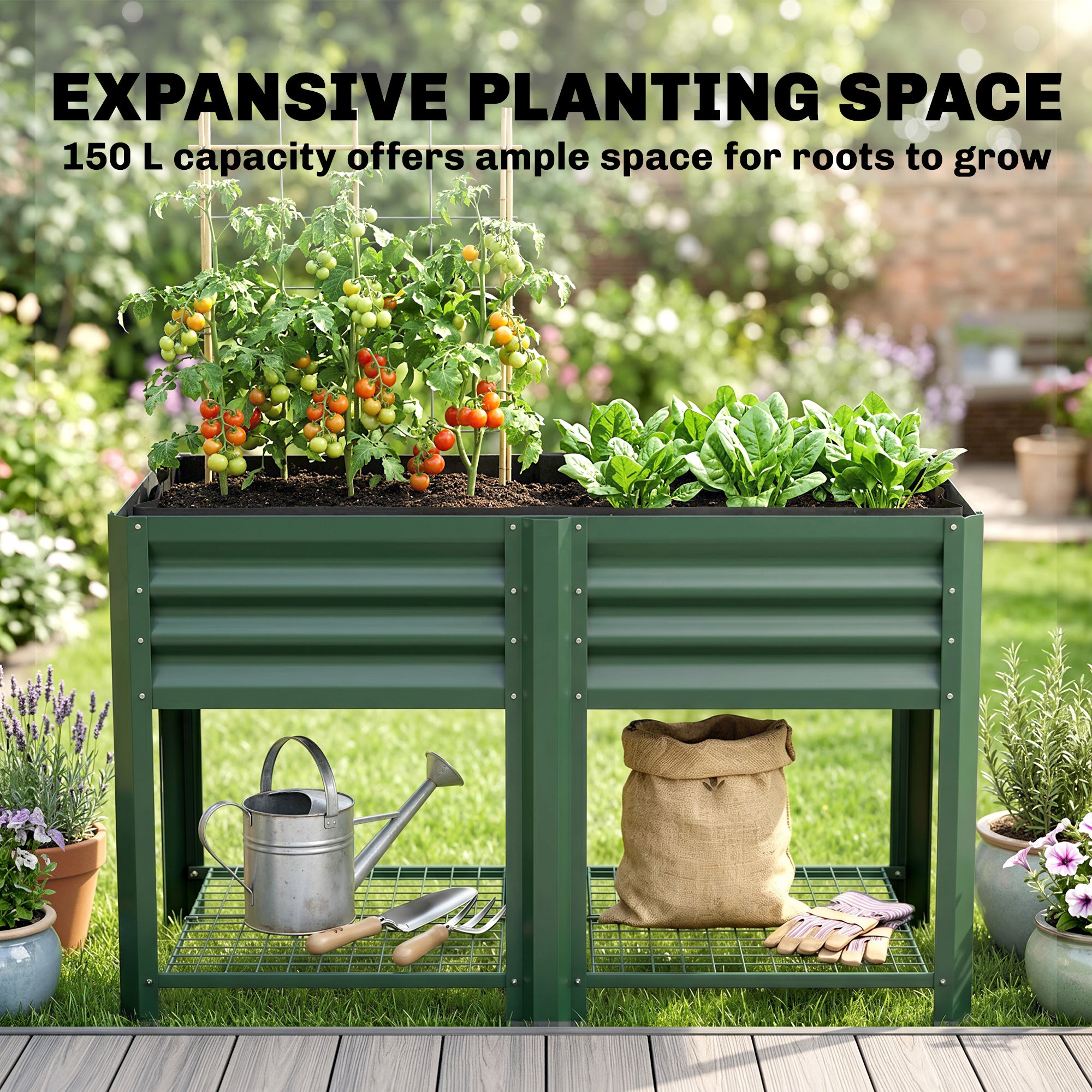 Raised Garden Bed Galvanized Steel, Elevated Planter Box with Storage Shelf, Bed Liner, 31.5" High, Green