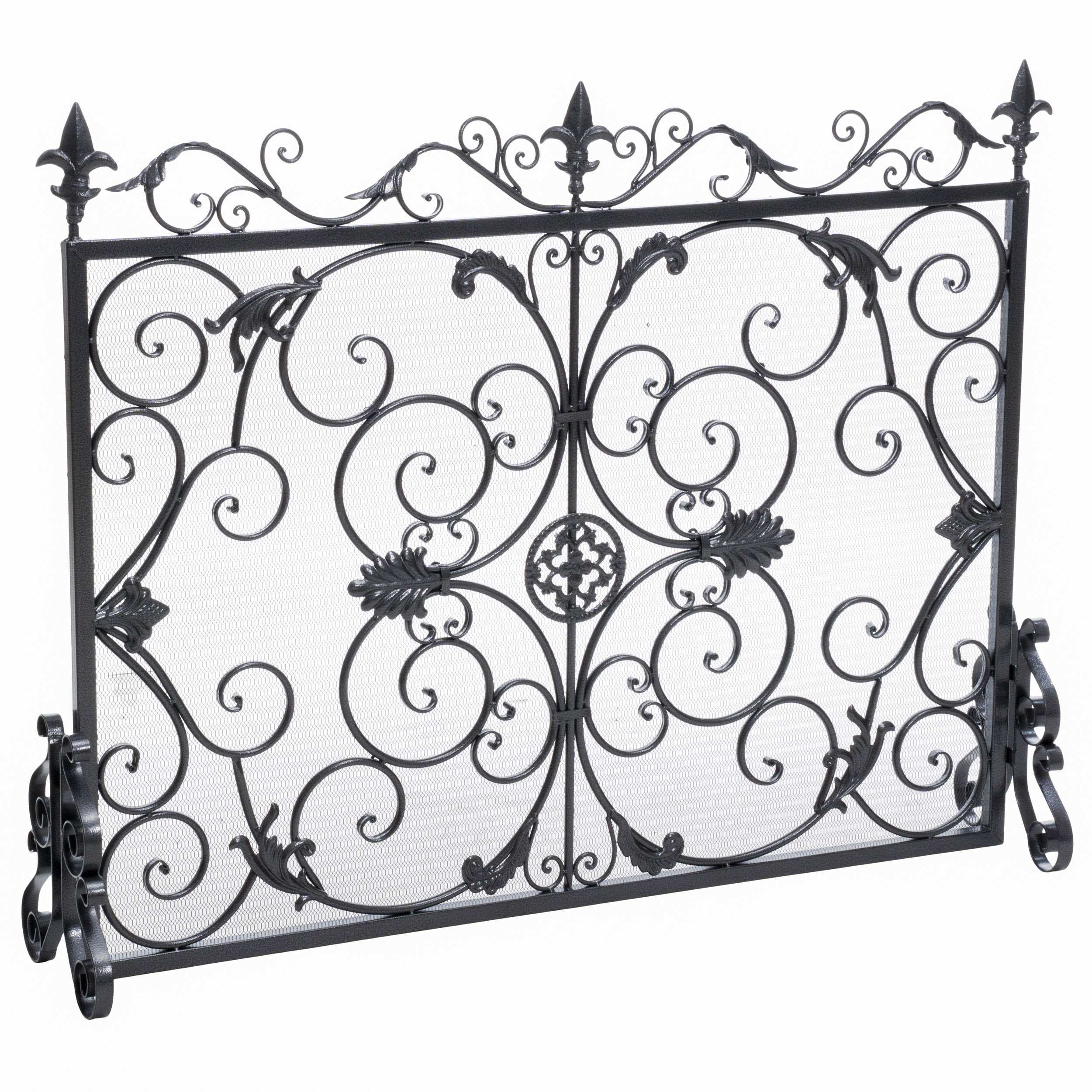 Traditional Fireplace Screen with Victorian Inspired Design, Wrought Iron with Ornate Detailing, 44.5" L x 9.75" W x 35" H, Black+Silver