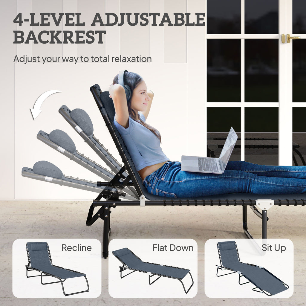 Folding Chaise Lounge Pool Chair with 4-Position Reclining Back, Breathable Mesh & Bungee Seat, Gray