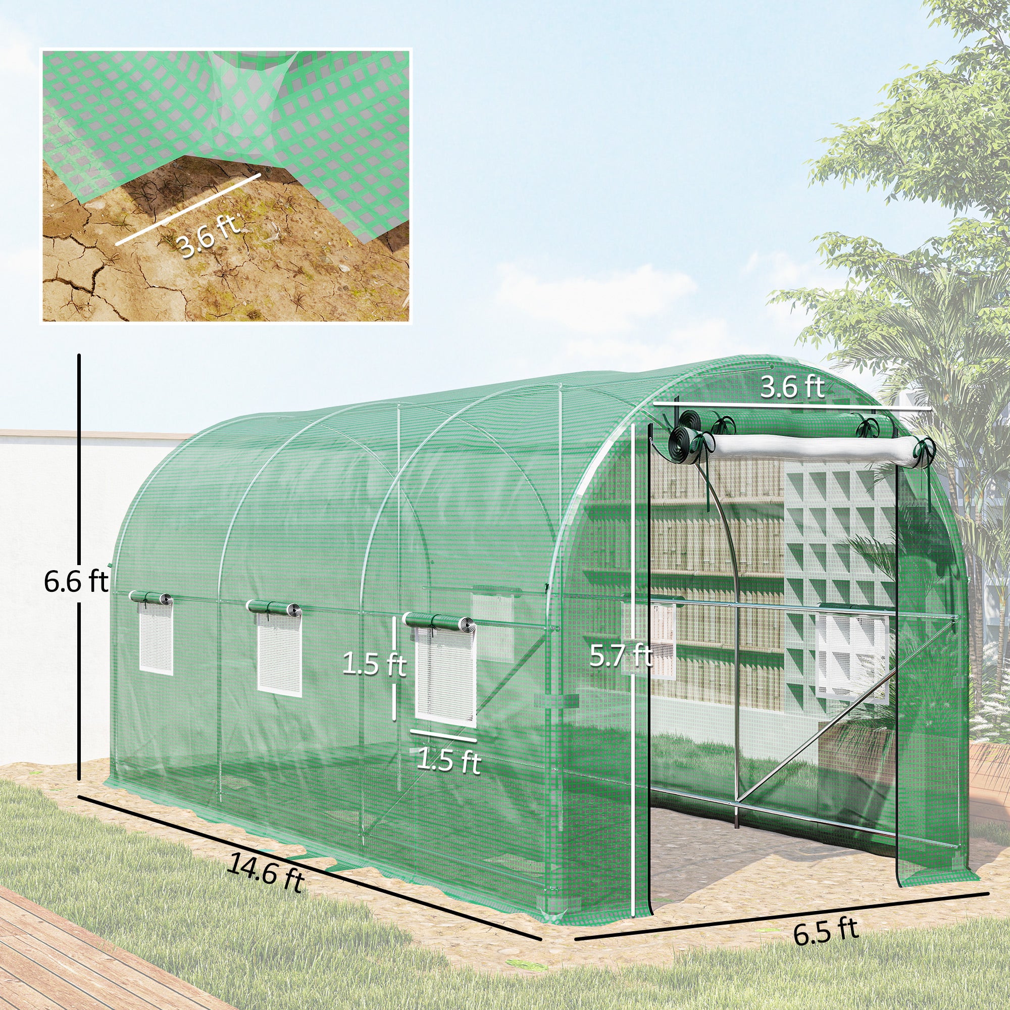 Hoop House Greenhouse, Walk-in Tunnel Greenhouse with 2 Support Rods, Zippered Roll-up Mesh Door, 14.6'x6.5'x6.6', Green