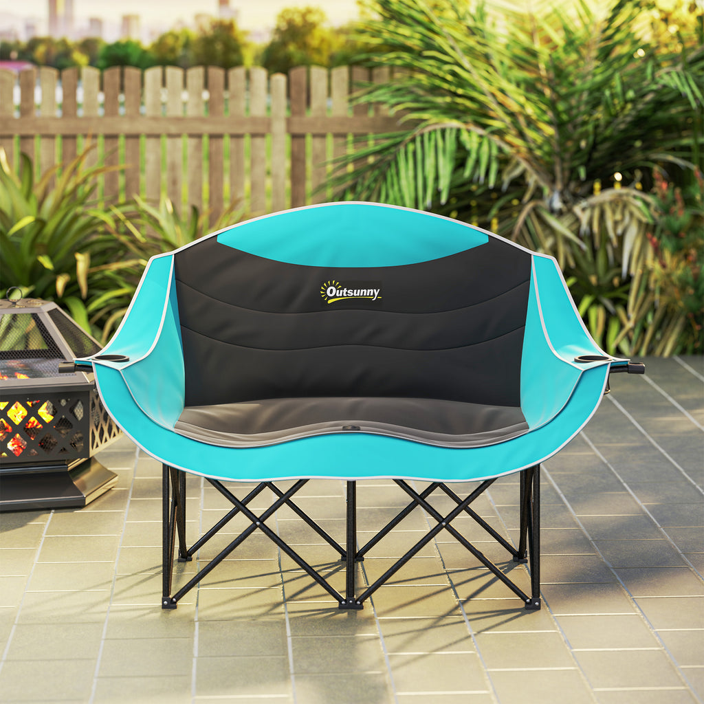Padded Folding Camp Chair for Adults, Double Camping Chair with Armrests, Cup Holders, Carry Bag for Outdoor, Green