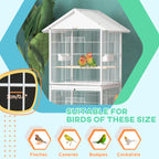 Wrought Metal Bird Cage Feeder with Rolling Stand Perches Food Containers Doors Wheels 67" H, White