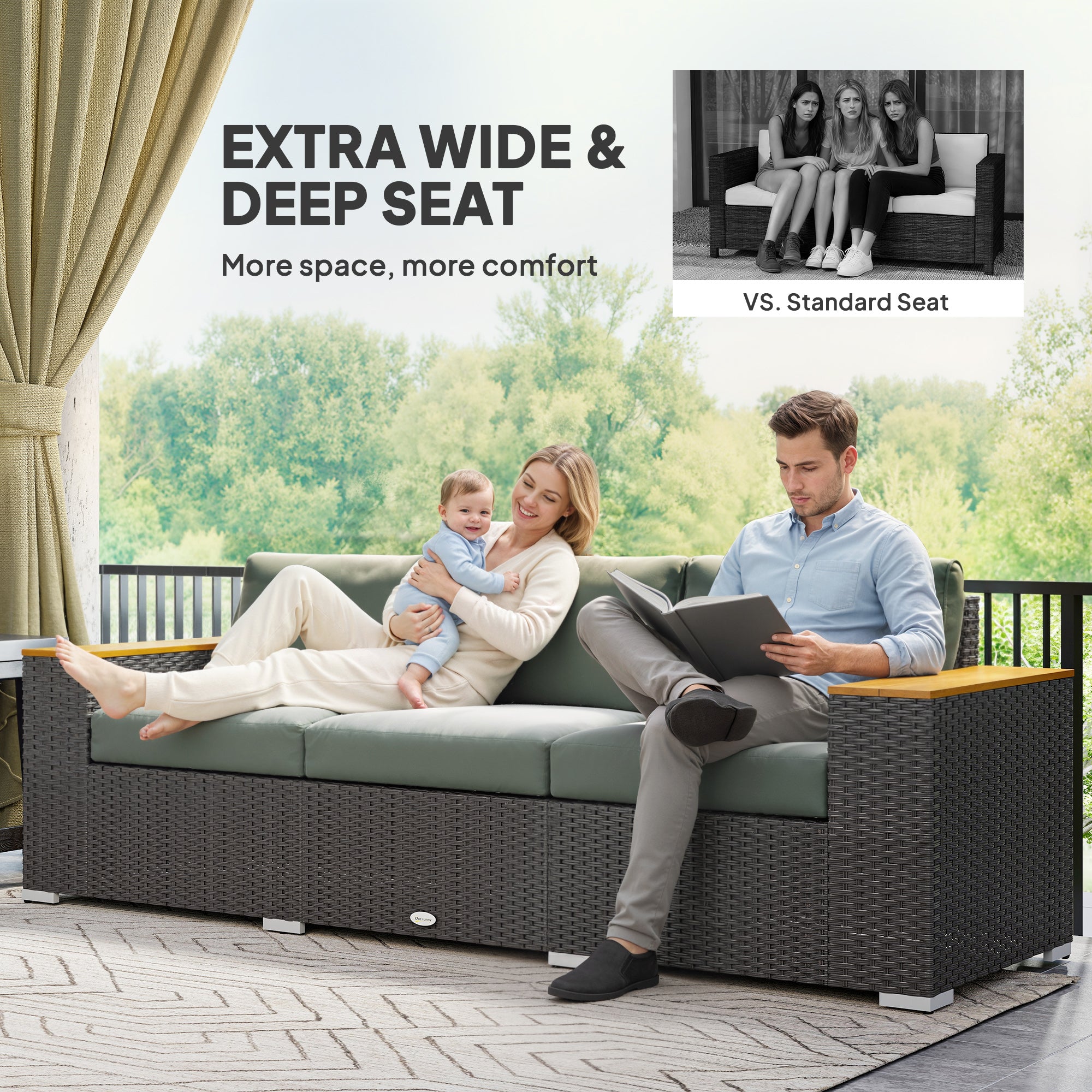 3-Seat Outdoor Patio Sofa, PE Wicker Outdoor Couch with Extra Wide Deep Seat, Wide Armrests 4" Cushions, Dark Gray
