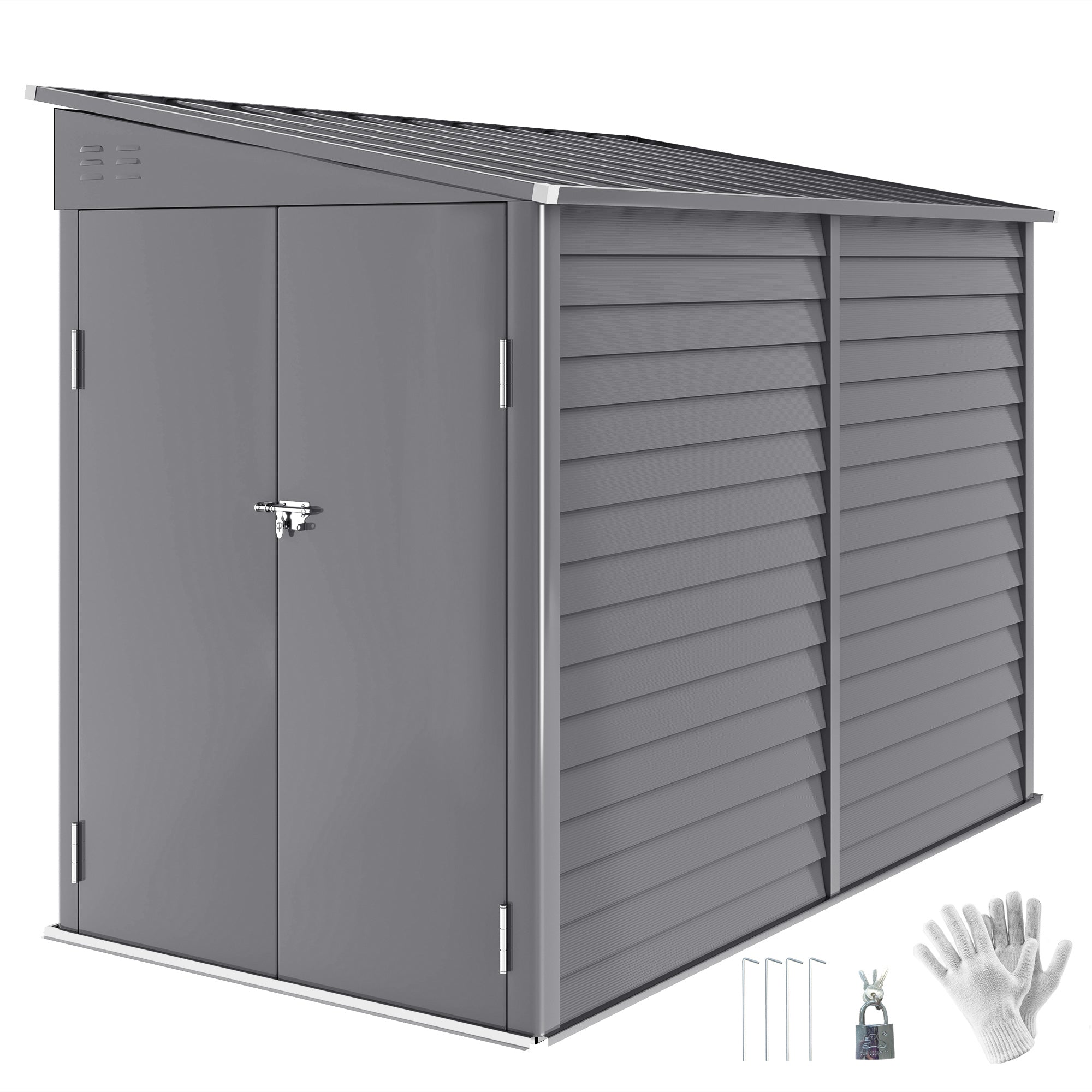 4.6' x 9' Outdoor Storage Shed, Lean to Metal Shed with Foundation Kit, Lockable Doors and Gloves for Patio, Lawn, Gray