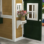 Wooden Playhouse for Kids Outdoor with Doors, Windows, Planter Pots and Boxes for Toddlers 3-8 Years, Beige