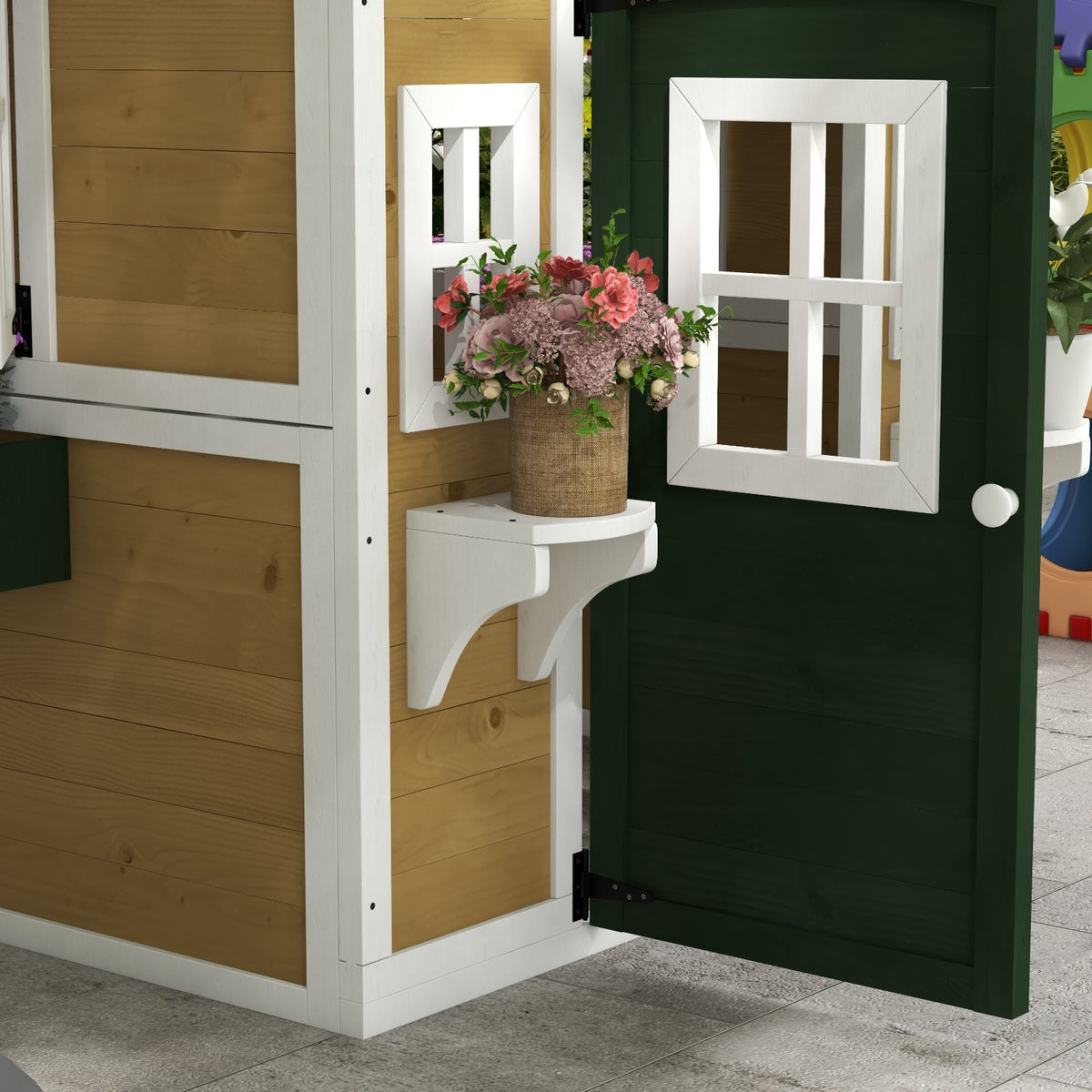 Wooden Playhouse for Kids Outdoor with Doors, Windows, Planter Pots and Boxes for Toddlers 3-8 Years, Beige