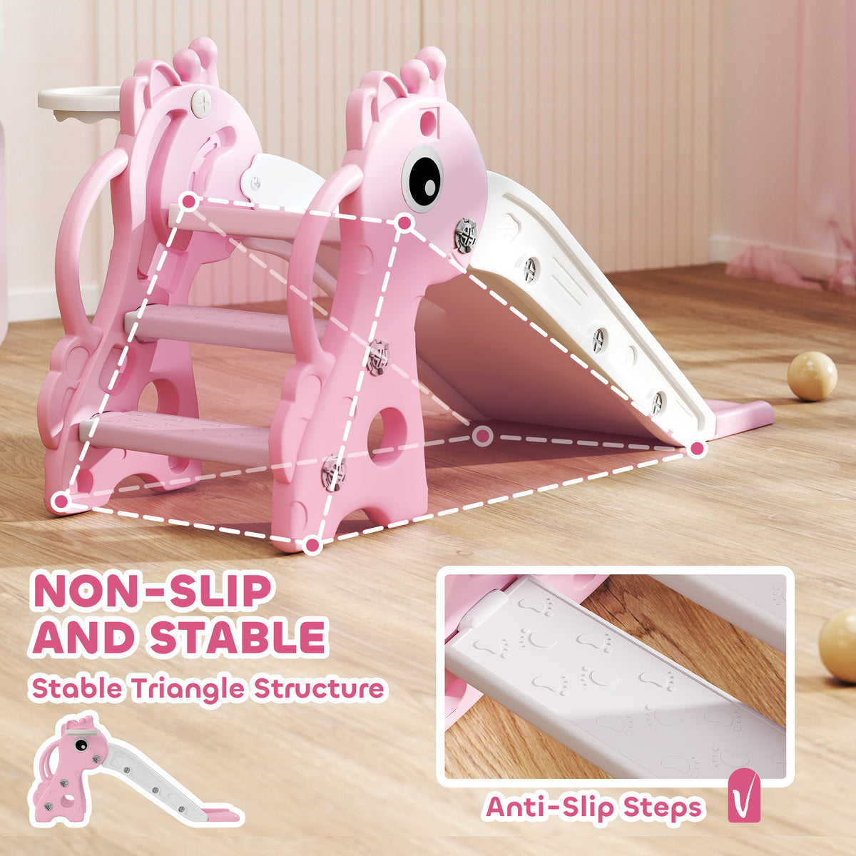 3-in-1 Toddler Slide for Age 1-3, Freestanding Kids Slide with Climber, Basketball Hoop and Ball, Giraffe Design, Pink