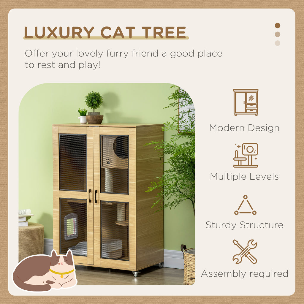 Luxury Cat House with Wheels, Kitty Cage Catio Villa for Indoor Cats with Scratching Posts, Condo, Flap Door, Cushion, Oak, 31.5" x 20" x 48.5"