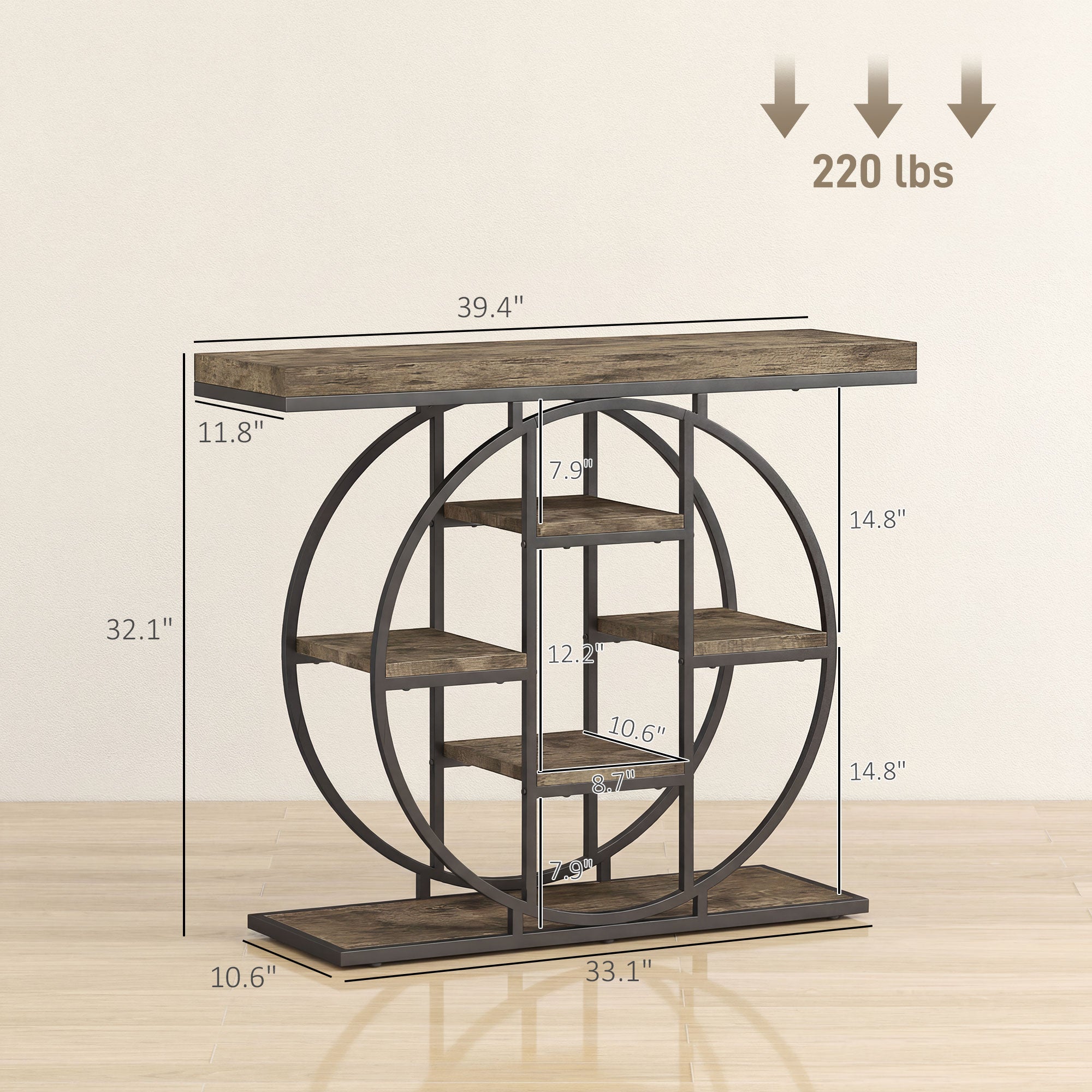 39.4" Console Table with Storage Shelves, Industrial Sofa Table for Living Room, Hallway, Rustic Oak