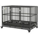 48" Heavy Duty Dog Crate Metal Cage Kennel with Lockable Wheels, Double Door and Removable Tray, gray