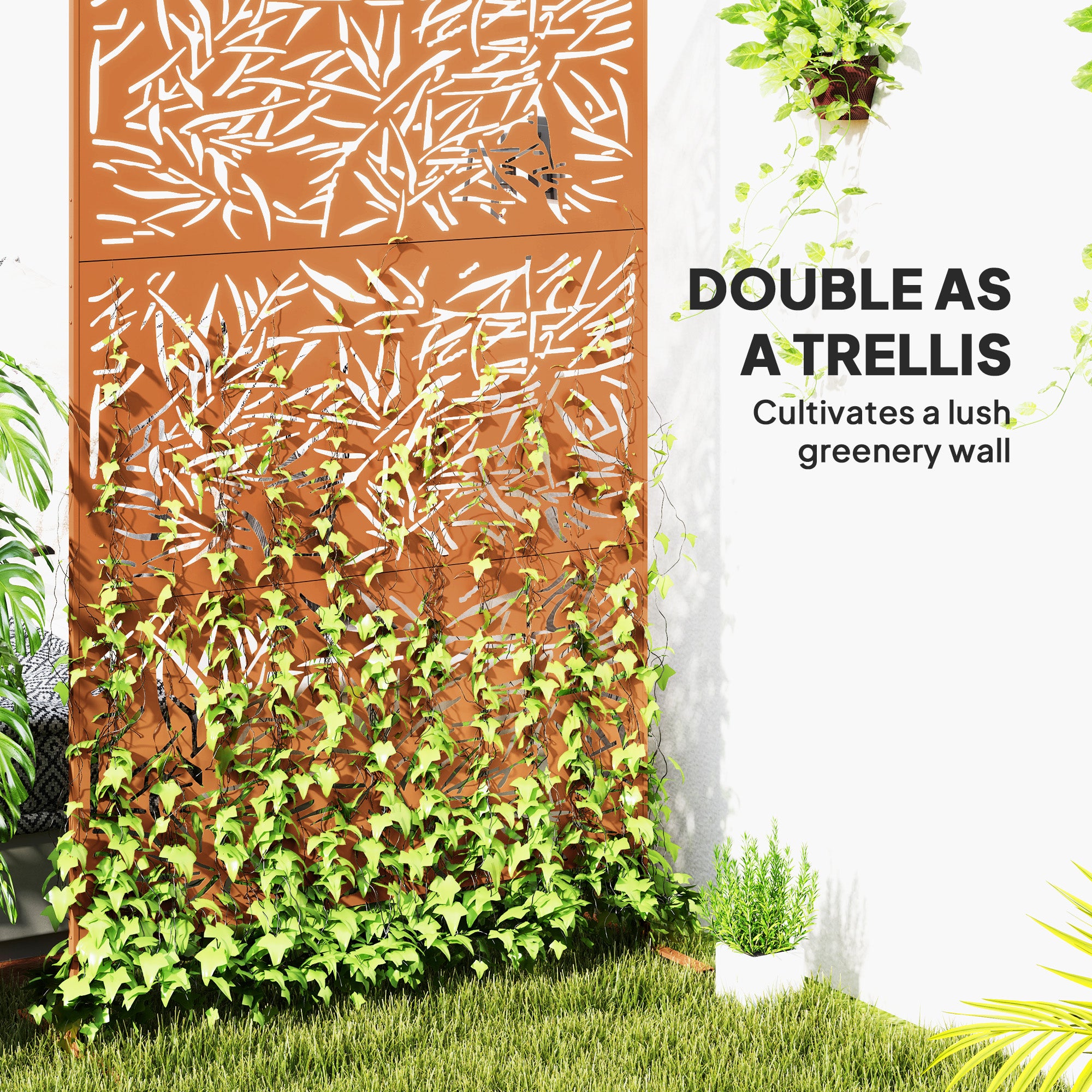 Decorative Privacy Fence Screen, Metal Outdoor Privacy Screen Climbing Plant Trellis with Stand, Bamboo Brown