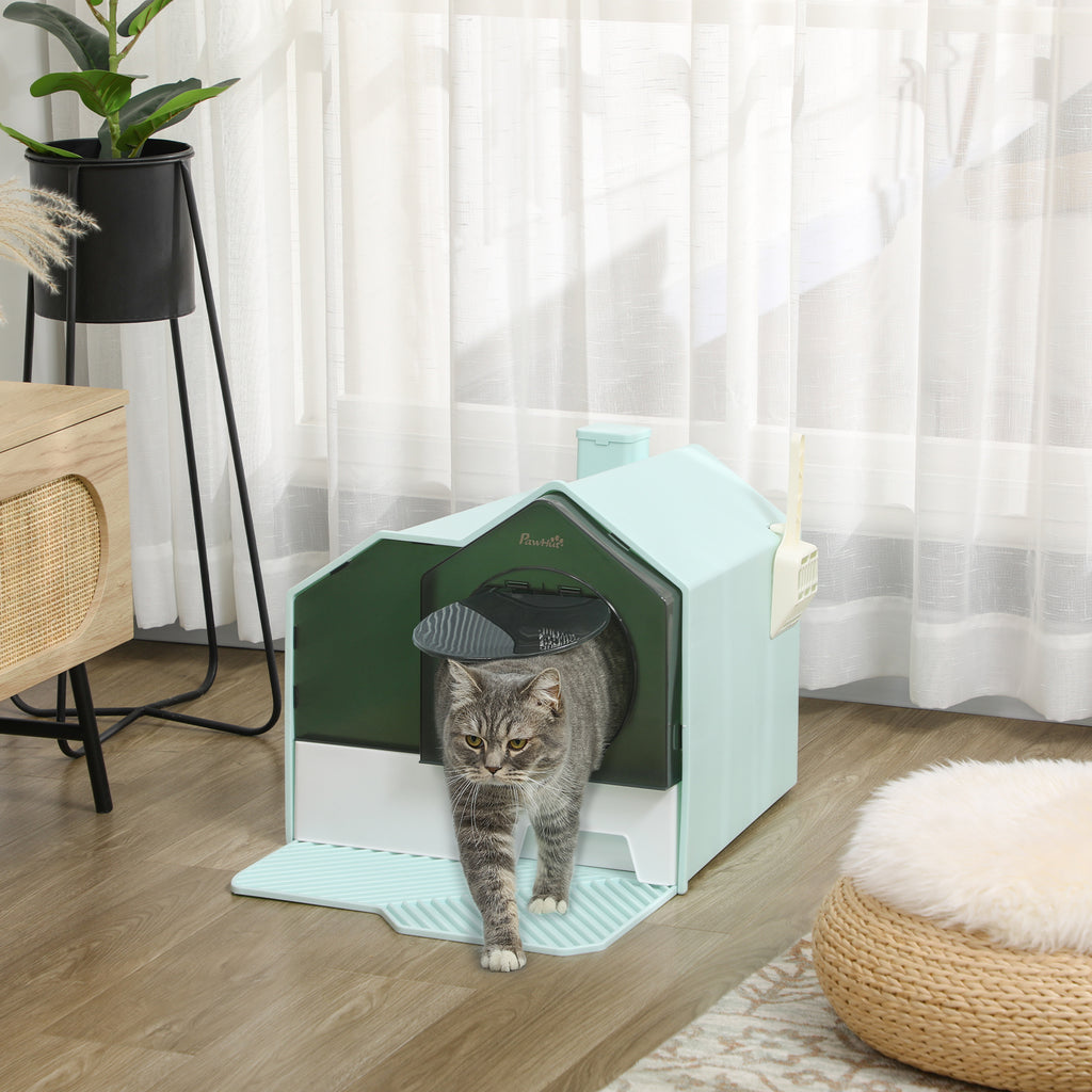 Hooded Cat Litter Box w/ Litter Mat, Litter Particle Catching, Light Blue