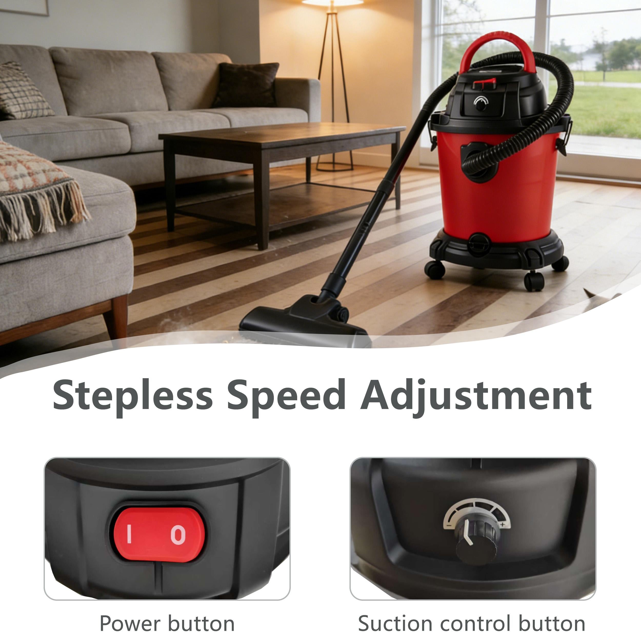 5-Gallon Wet/Dry Shop Vacuum with Stepless Speed Control, 3-In-1 Cleaner with Tower-Buckle Lock, 14″ L x 14″ W x 17.5″ H, Black+Red