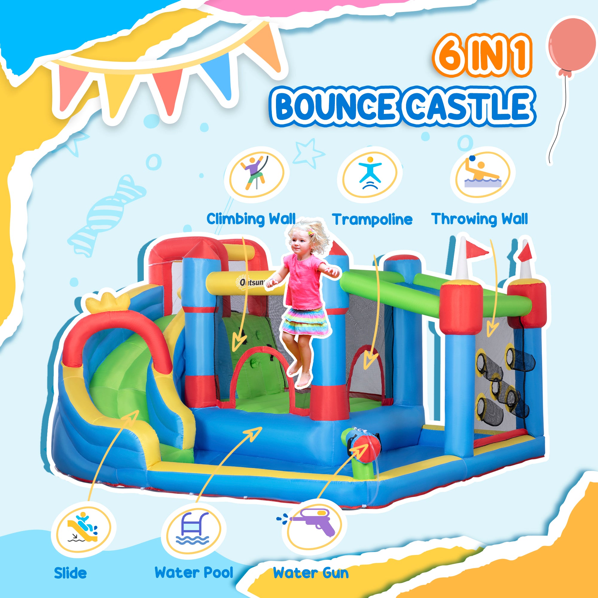 6-in-1 Inflatable Water Slide with Splash Pool, Slide, Climbing Wall, Water Cannon, Inflatable Bounce House for Kids with 2 Min. Inflation and Air Blower