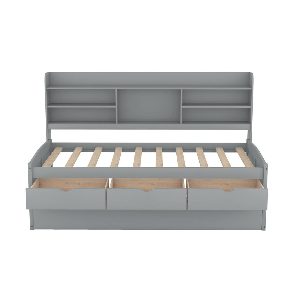 Classic Style Twin Size Wooden Captain Bed with Built-in Bookshelves, 3 Storage Drawers, and Trundle, 77.5" L x 88" W x 47" H, Grey
