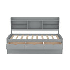 Classic Style Twin Size Wooden Captain Bed with Built-in Bookshelves, 3 Storage Drawers, and Trundle, 77.5" L x 88" W x 47" H, Grey