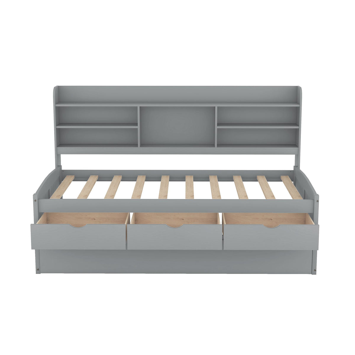 Classic Style Twin Size Wooden Captain Bed with Built-in Bookshelves, 3 Storage Drawers, and Trundle, 77.5" L x 88" W x 47" H, Grey
