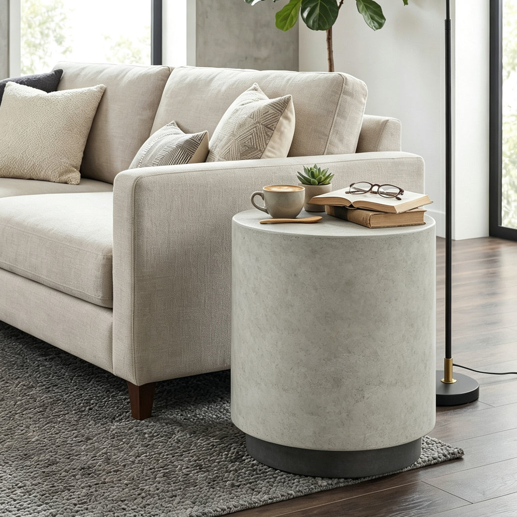 Lightweight Accent Table with Concrete Finish, Round Side Table with 4 Adjustable Feet for Indoor, Outdoor, Gray