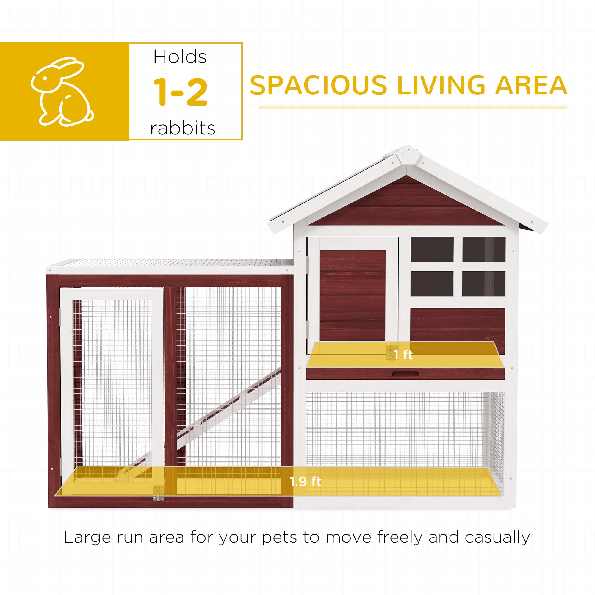 49" Wooden Rabbit Hutch Bunny Cage with Waterproof Asphalt Roof, Fun Outdoor Run, Removable Tray and Ramp, for Rabbits, Chickens, Ducks, Brown