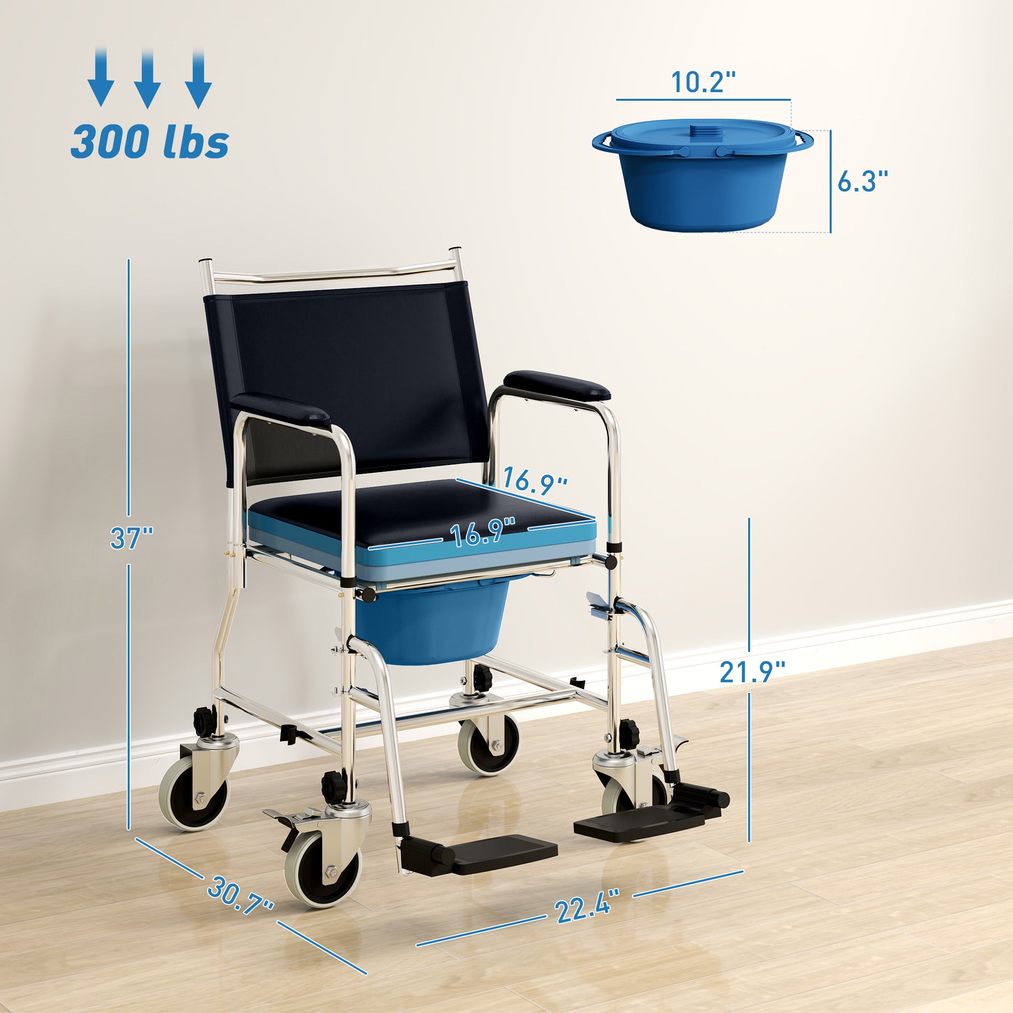 Rolling Shower Chair, Bedside Commode Wheelchair with Padded Seat, Backrest, for Seniors, Disabled, 300 lbs, Black